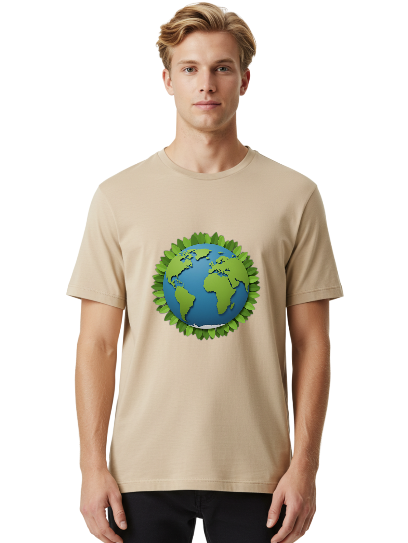 Globe-With-Leaves-1 Men'S Graphic Tee, 100% Cotton, Comfortable Casual Summer Wear, Machine Washable, Globe Surrounded By Leaves, Eco-Friendly, Sustainable Living, Environmental Conservation, Green Earth, World Unity, Going Green, Earth Day Baa757