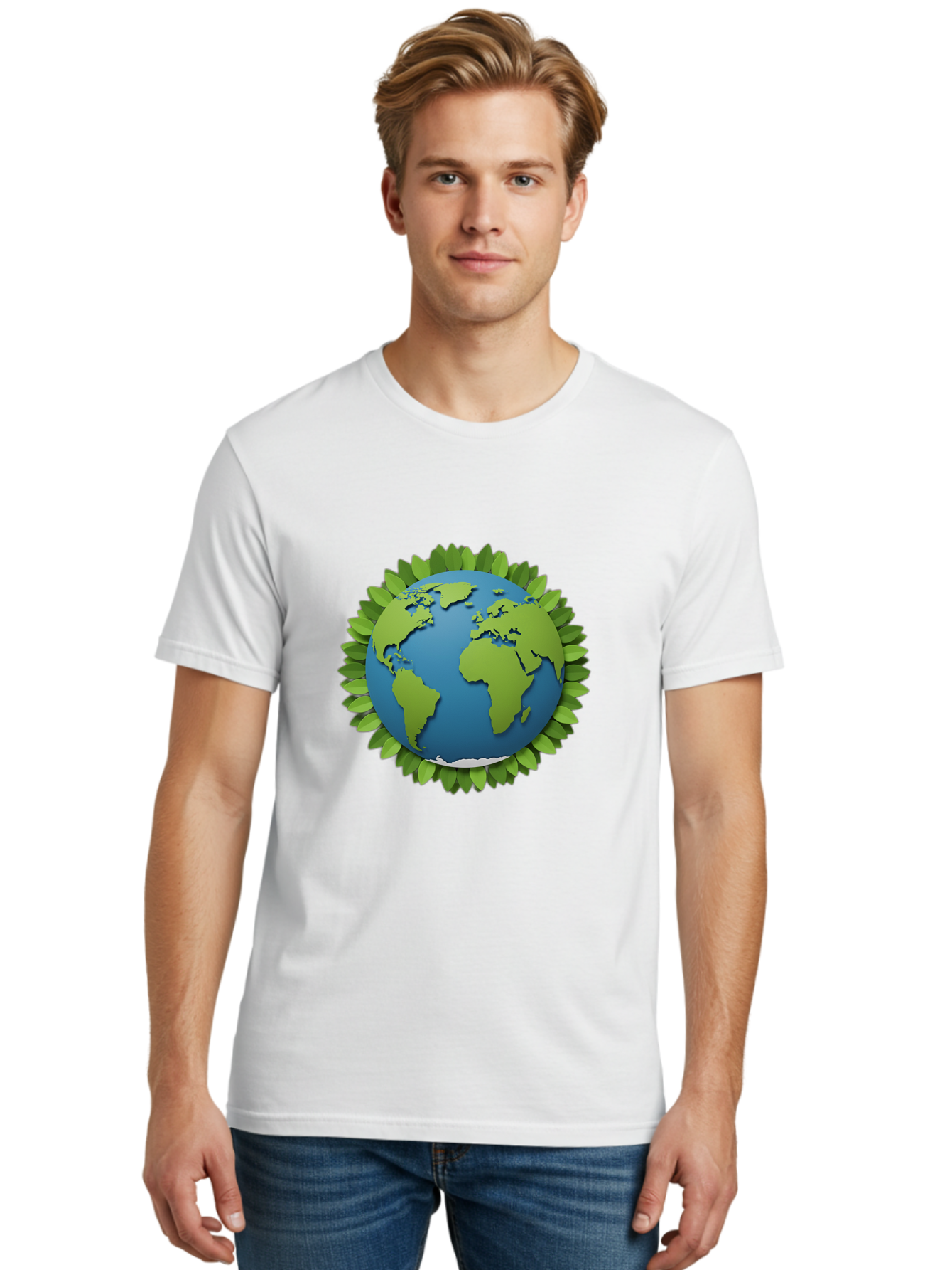 Globe-With-Leaves-1 Men'S Graphic Tee, 100% Cotton, Comfortable Casual Summer Wear, Machine Washable, Globe Surrounded By Leaves, Eco-Friendly, Sustainable Living, Environmental Conservation, Green Earth, World Unity, Going Green, Earth Day Baa757
