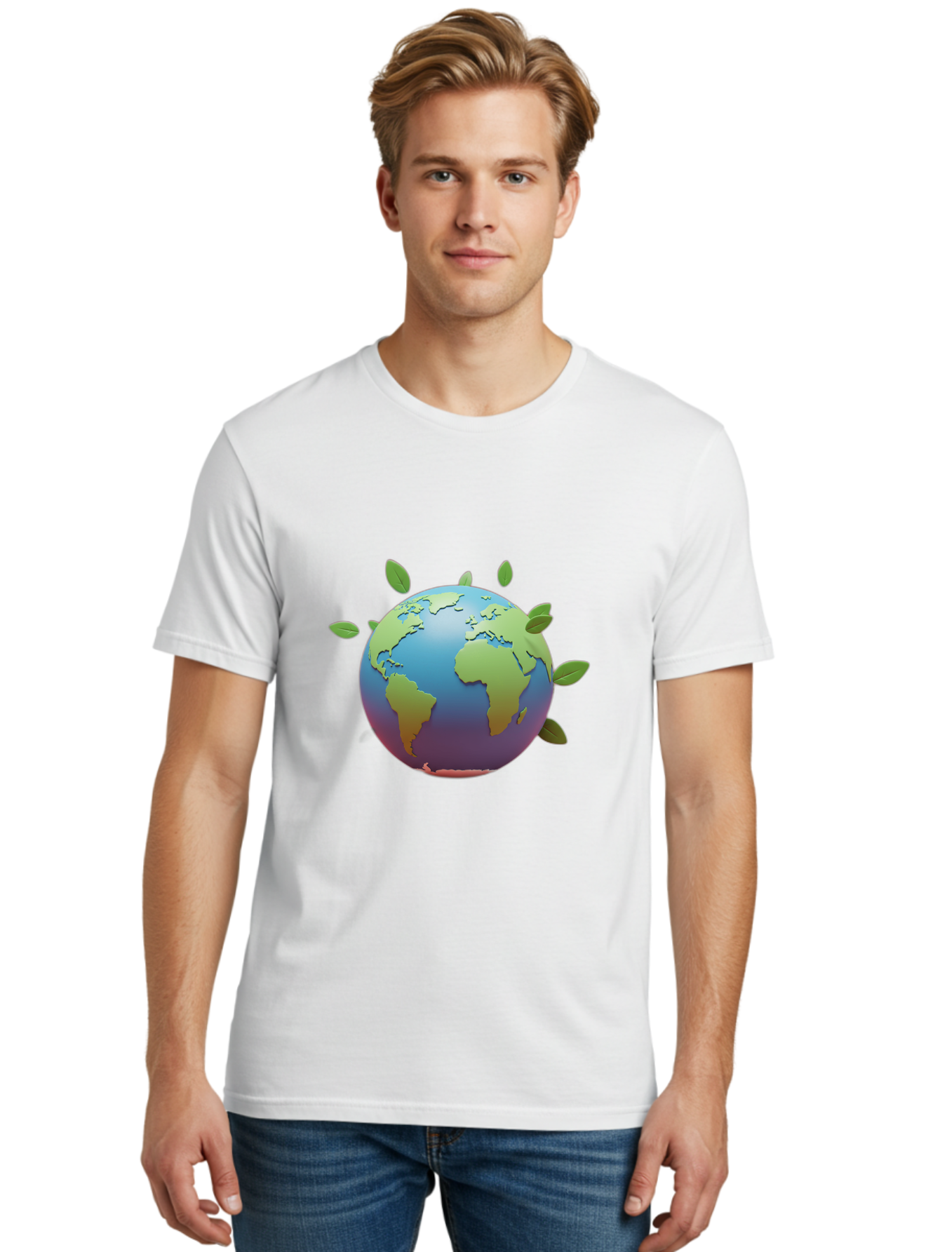 Globe-With-Leaves Men'S Graphic Tee, 100% Cotton, Comfortable Casual Summer Wear, Machine Washable, Globe With Leaves, Eco Friendly, Environmental Awareness, Green Earth, Sustainable Living, Eco Consciousness, World Unity Baa759