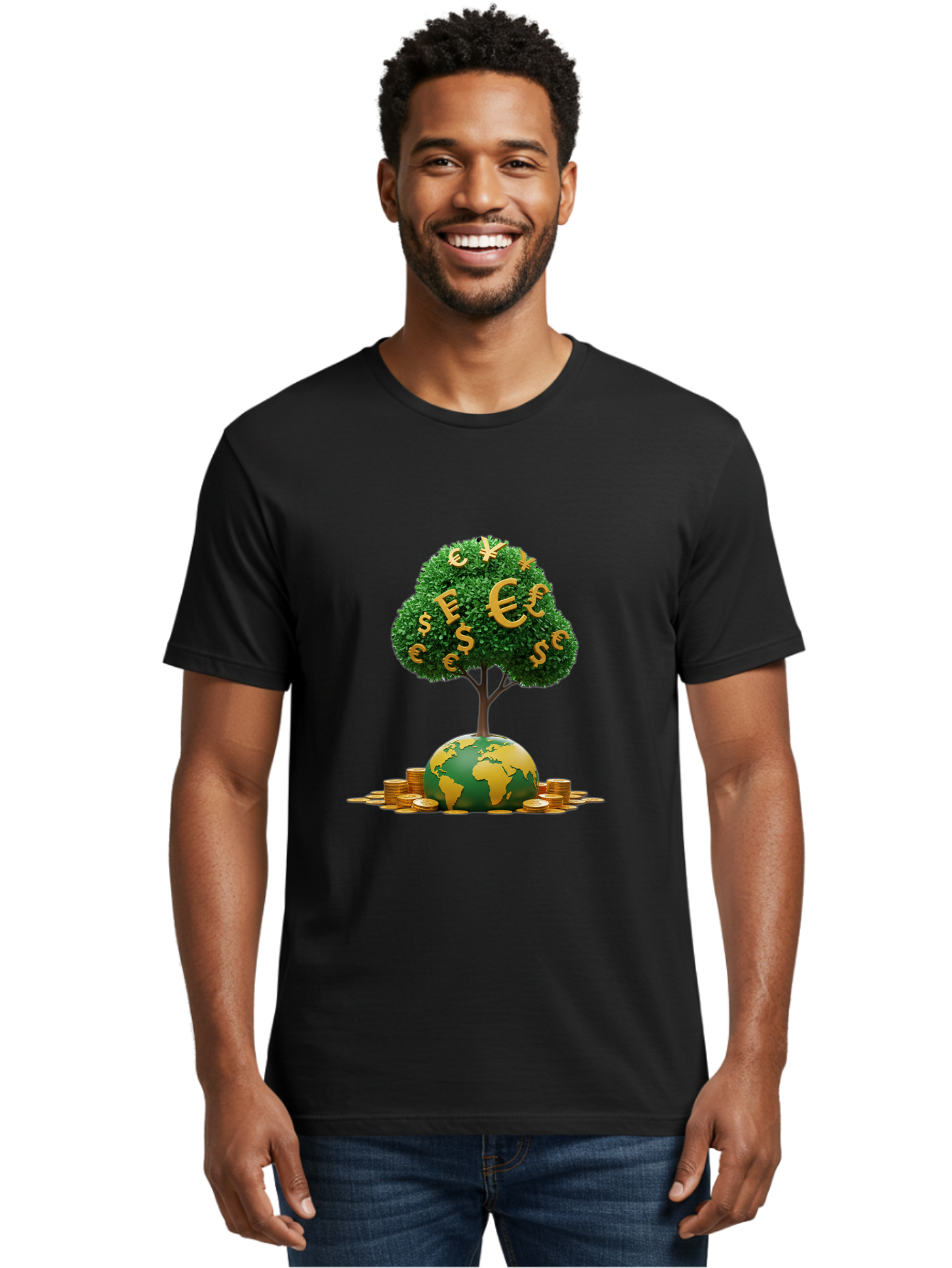Globe-With-Money-Tree Men'S Graphic Tee, 100% Cotton, Comfortable Casual Summer Wear, Machine Washable, Globe With Money Tree, World Economy, Financial Growth, Euro And Dollar Signs, Global Prosperity, Economic Success, Wealth And Finance, Baa760