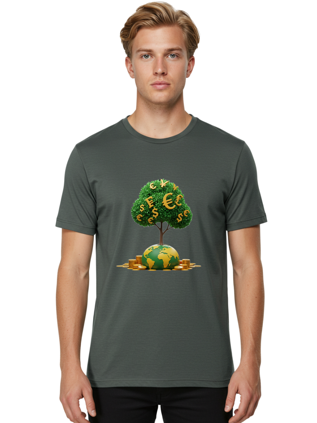 Globe-With-Money-Tree Men'S Graphic Tee, 100% Cotton, Comfortable Casual Summer Wear, Machine Washable, Globe With Money Tree, World Economy, Financial Growth, Euro And Dollar Signs, Global Prosperity, Economic Success, Wealth And Finance, Baa760
