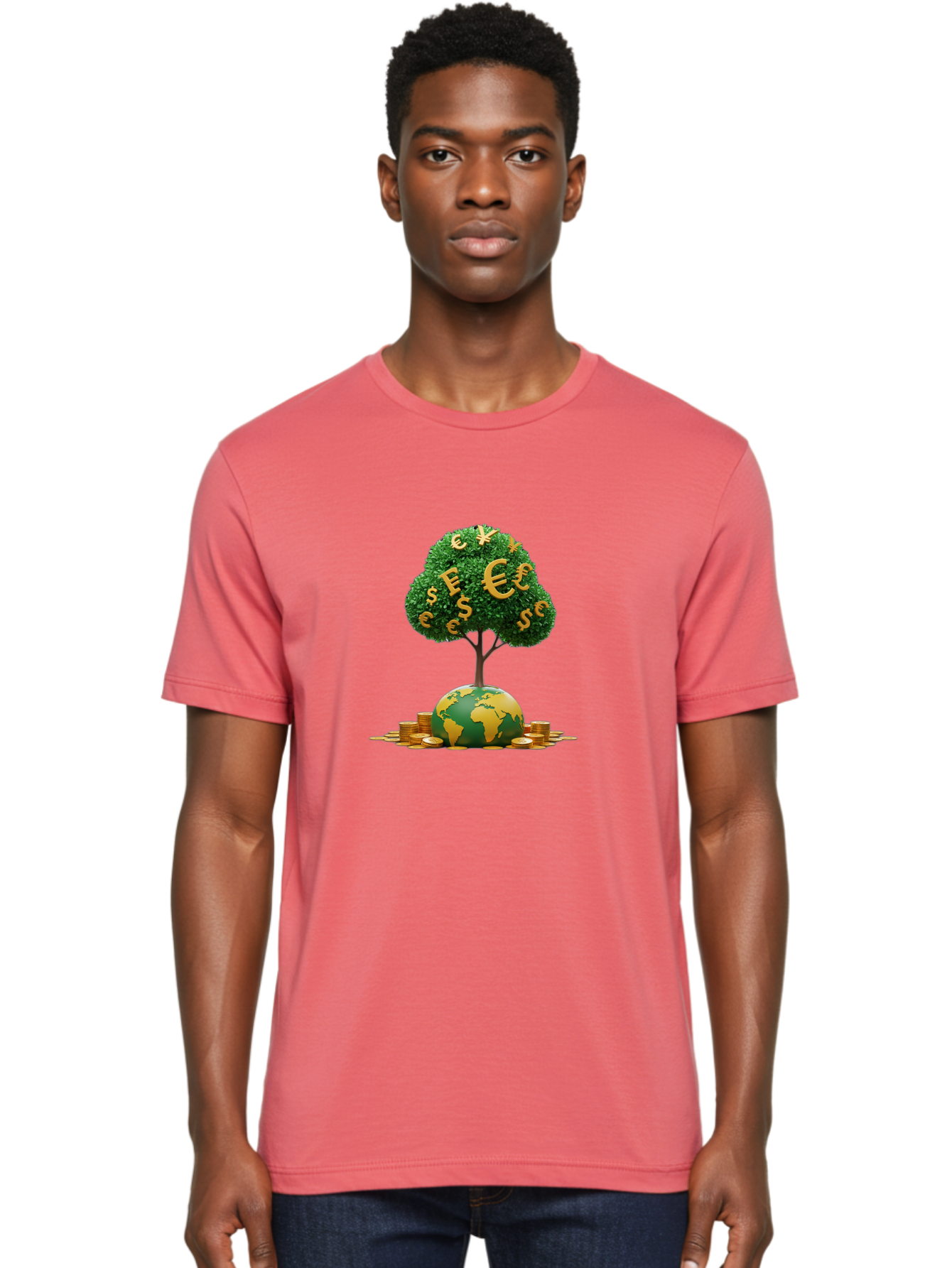 Globe-With-Money-Tree Men'S Graphic Tee, 100% Cotton, Comfortable Casual Summer Wear, Machine Washable, Globe With Money Tree, World Economy, Financial Growth, Euro And Dollar Signs, Global Prosperity, Economic Success, Wealth And Finance, Baa760