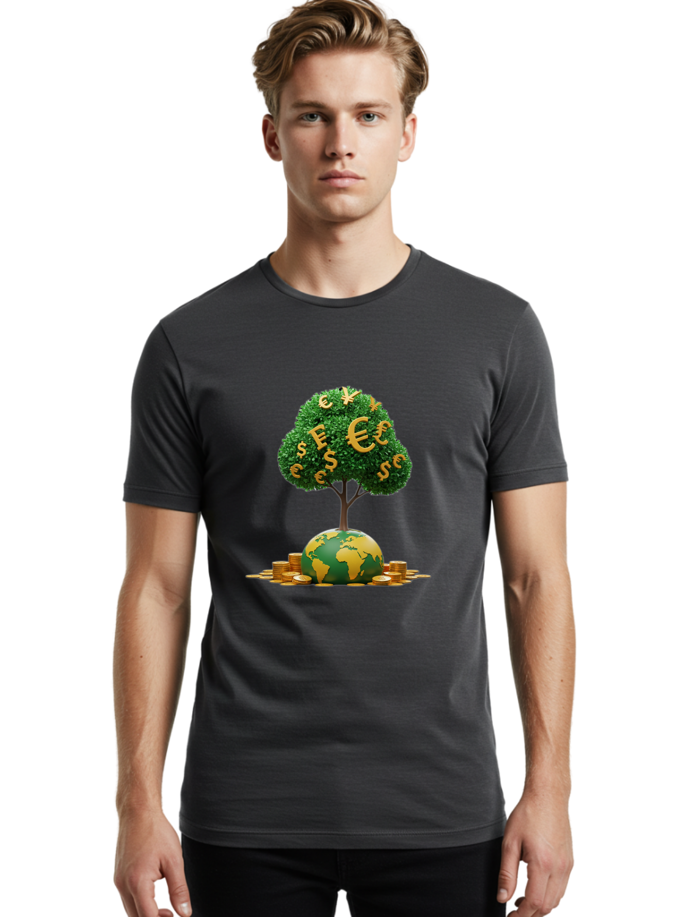 Globe-With-Money-Tree Men'S Graphic Tee, 100% Cotton, Comfortable Casual Summer Wear, Machine Washable, Globe With Money Tree, World Economy, Financial Growth, Euro And Dollar Signs, Global Prosperity, Economic Success, Wealth And Finance, Baa760