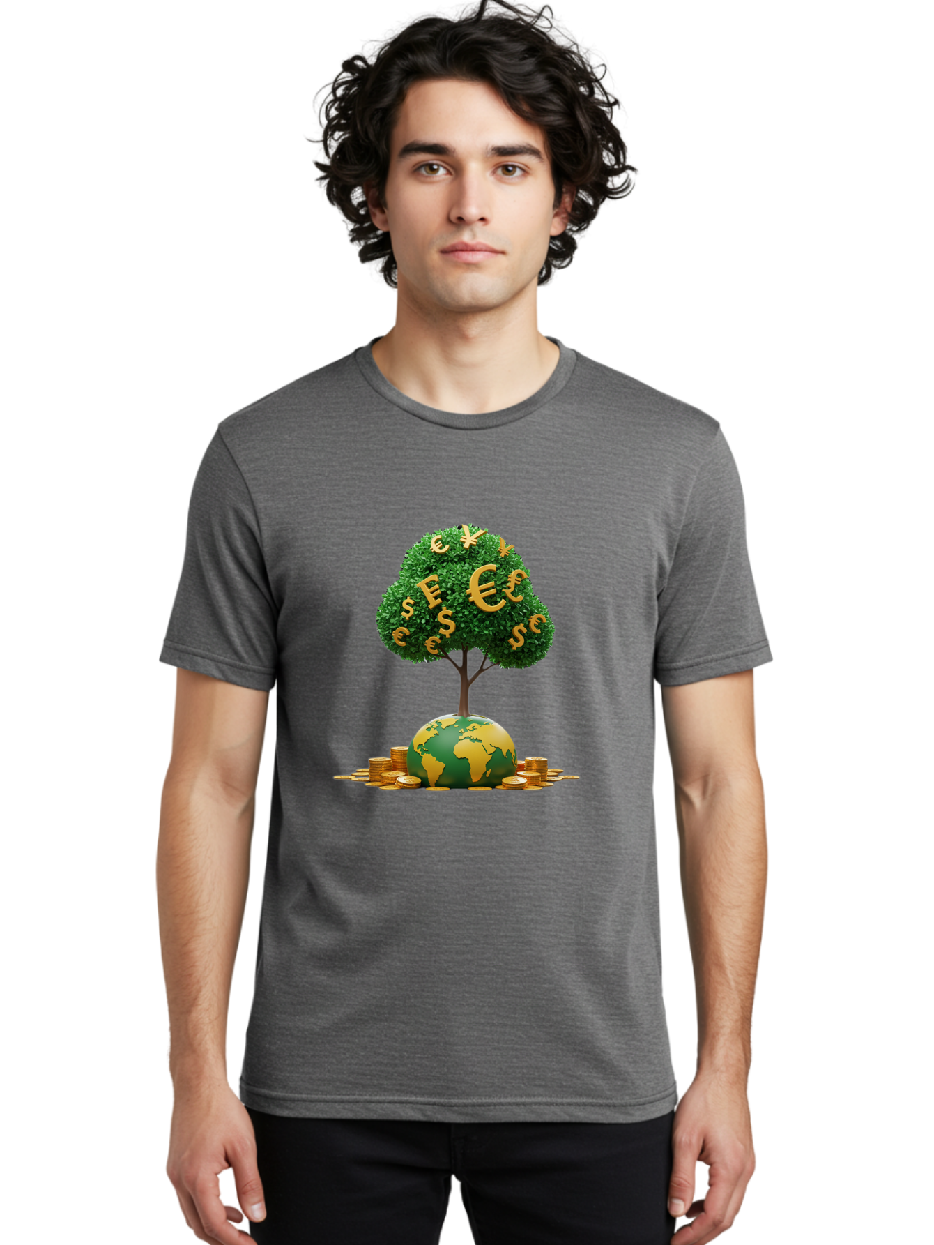 Globe-With-Money-Tree Men'S Graphic Tee, 100% Cotton, Comfortable Casual Summer Wear, Machine Washable, Globe With Money Tree, World Economy, Financial Growth, Euro And Dollar Signs, Global Prosperity, Economic Success, Wealth And Finance, Baa760