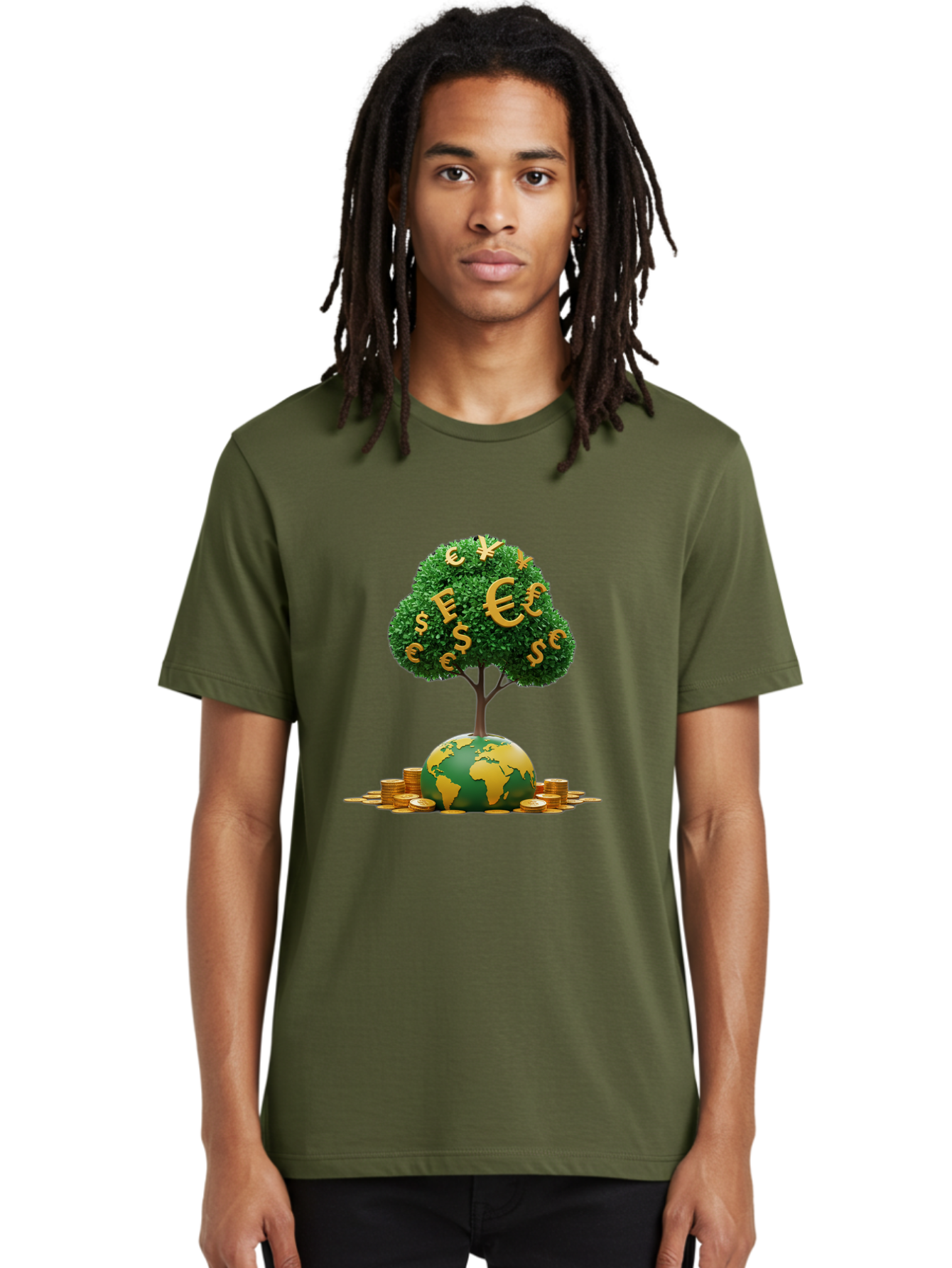 Globe-With-Money-Tree Men'S Graphic Tee, 100% Cotton, Comfortable Casual Summer Wear, Machine Washable, Globe With Money Tree, World Economy, Financial Growth, Euro And Dollar Signs, Global Prosperity, Economic Success, Wealth And Finance, Baa760