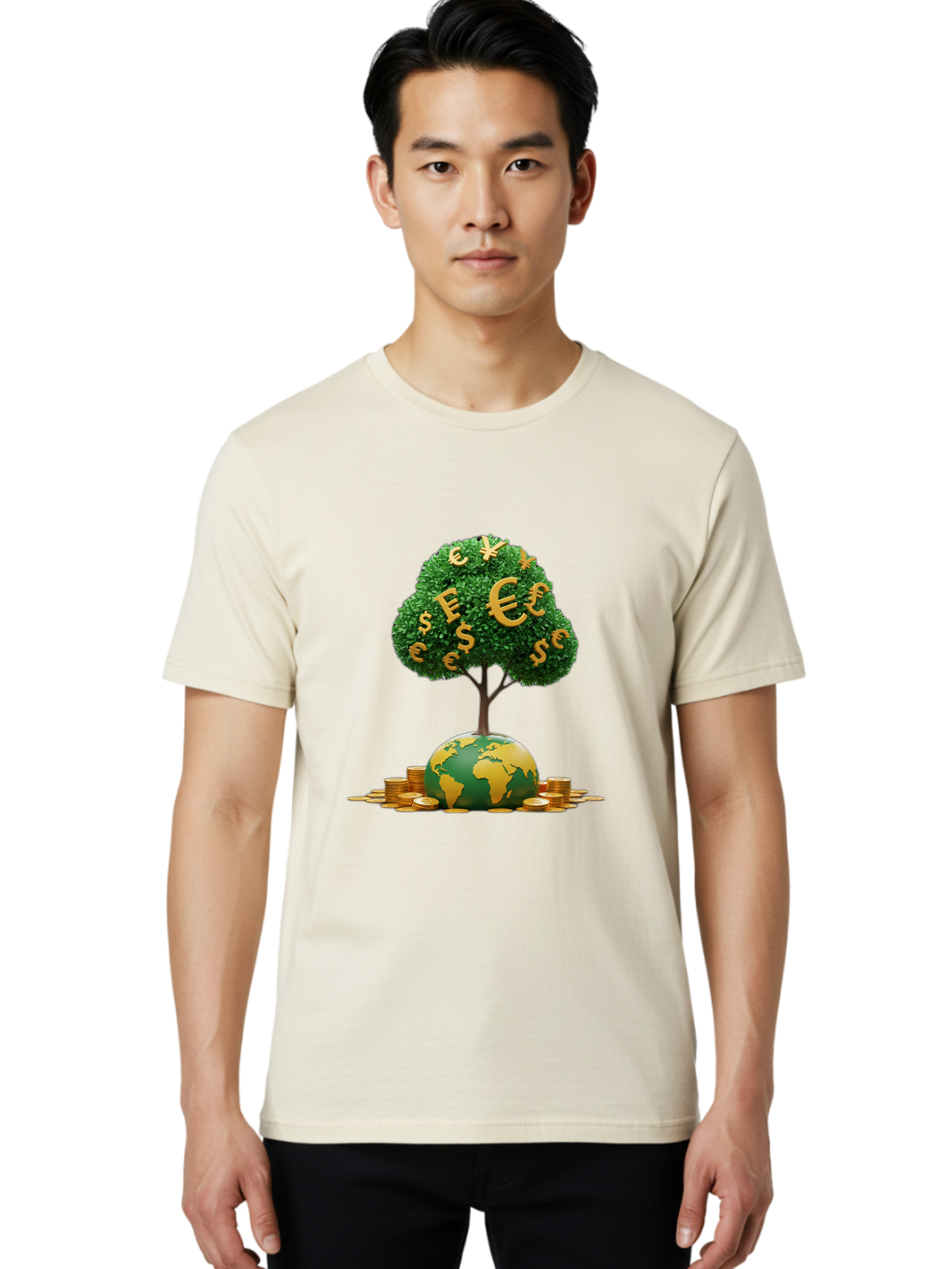 Globe-With-Money-Tree Men'S Graphic Tee, 100% Cotton, Comfortable Casual Summer Wear, Machine Washable, Globe With Money Tree, World Economy, Financial Growth, Euro And Dollar Signs, Global Prosperity, Economic Success, Wealth And Finance, Baa760