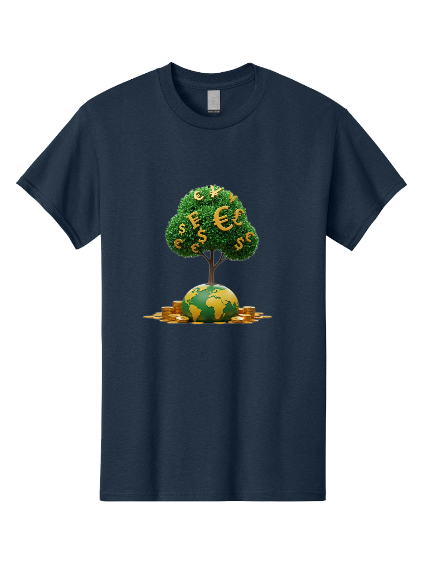 Globe-With-Money-Tree Men'S Graphic Tee, 100% Cotton, Comfortable Casual Summer Wear, Machine Washable, Globe With Money Tree, World Economy, Financial Growth, Euro And Dollar Signs, Global Prosperity, Economic Success, Wealth And Finance, Baa760