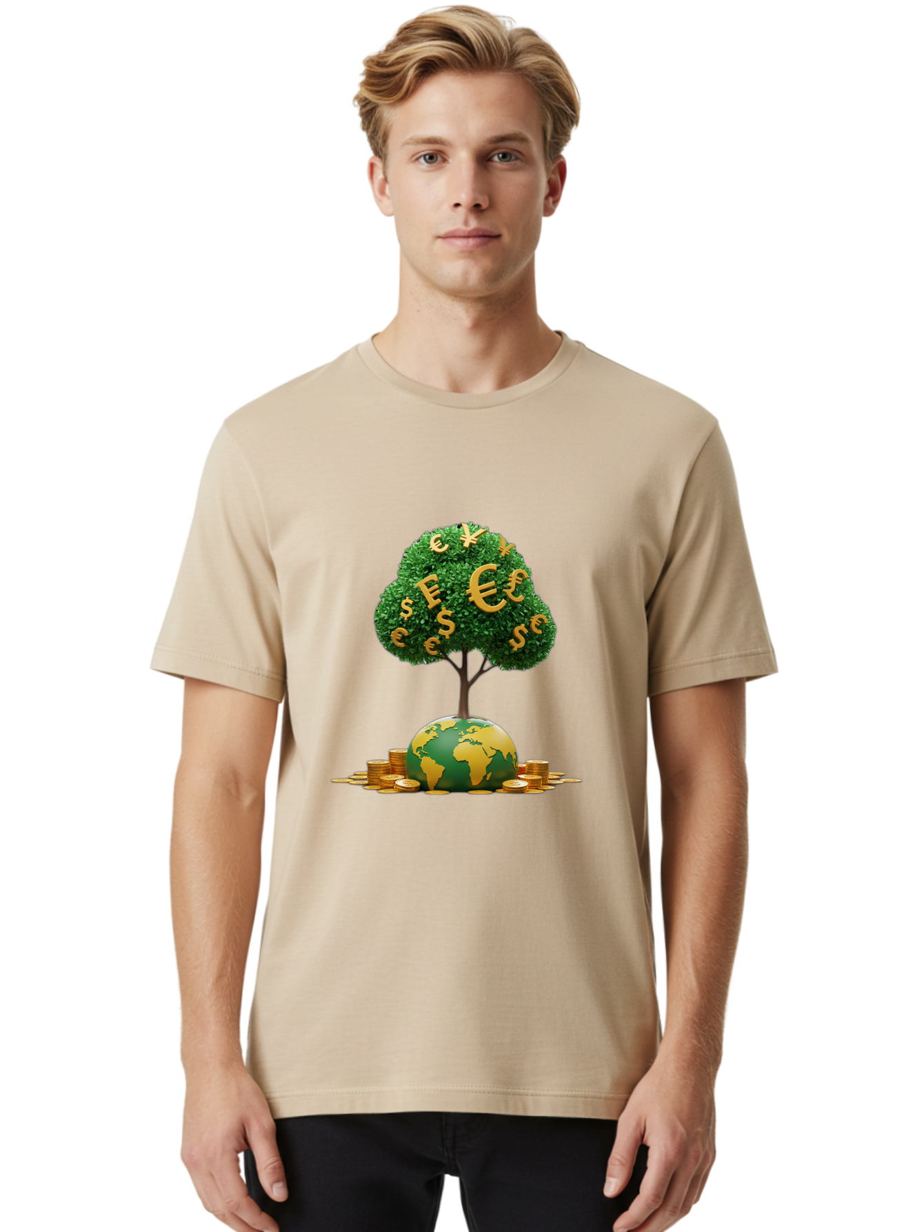 Globe-With-Money-Tree Men'S Graphic Tee, 100% Cotton, Comfortable Casual Summer Wear, Machine Washable, Globe With Money Tree, World Economy, Financial Growth, Euro And Dollar Signs, Global Prosperity, Economic Success, Wealth And Finance, Baa760