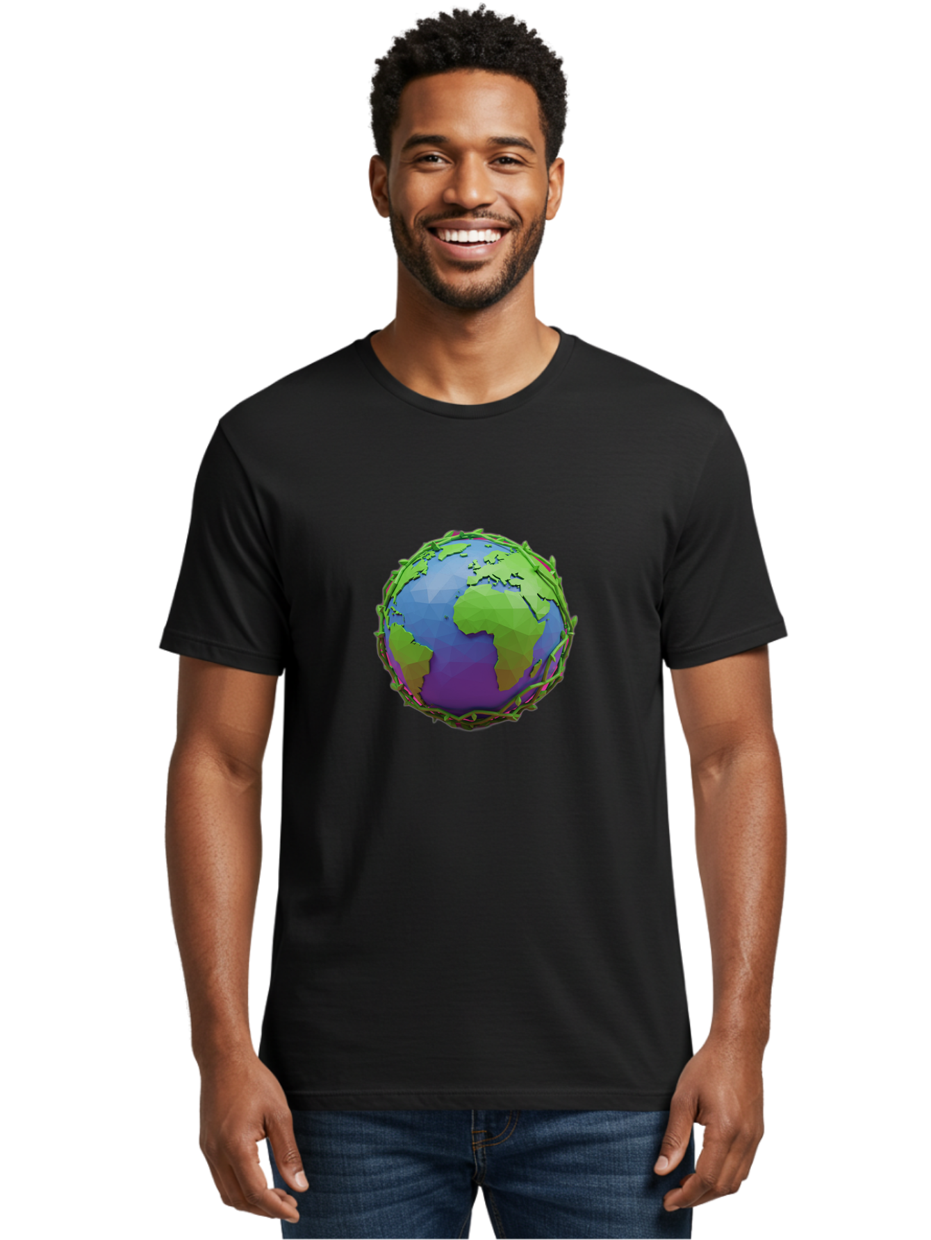 Globe-Wrapped-In-Chains Men'S Graphic Tee, 100% Cotton, Comfortable Casual Summer Wear, Machine Washable, 3D Globe, Chain-Like Vines Wrapping, Global Unity, Earthy Tones, Eco-Friendly Theme, Environmental Awareness, Natural Elements Baa763