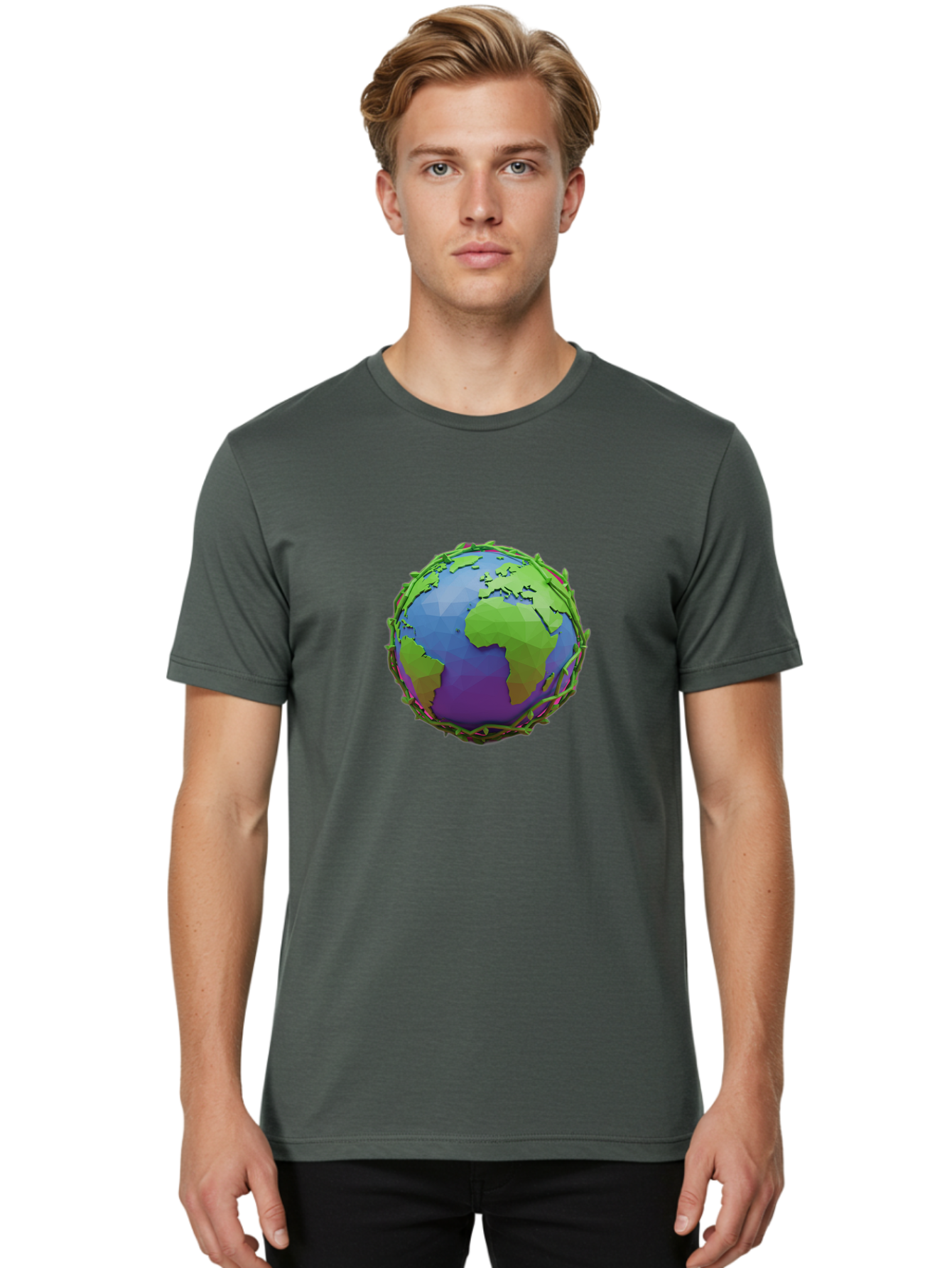 Globe-Wrapped-In-Chains Men'S Graphic Tee, 100% Cotton, Comfortable Casual Summer Wear, Machine Washable, 3D Globe, Chain-Like Vines Wrapping, Global Unity, Earthy Tones, Eco-Friendly Theme, Environmental Awareness, Natural Elements Baa763