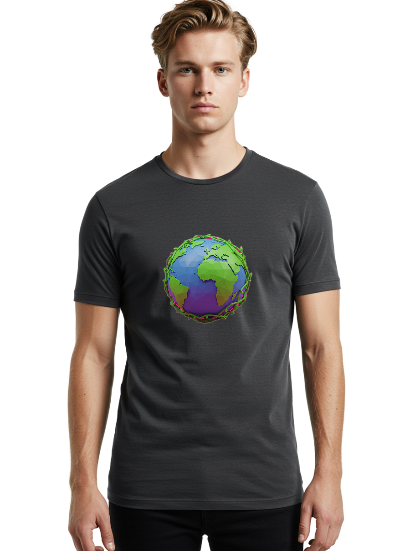Globe-Wrapped-In-Chains Men'S Graphic Tee, 100% Cotton, Comfortable Casual Summer Wear, Machine Washable, 3D Globe, Chain-Like Vines Wrapping, Global Unity, Earthy Tones, Eco-Friendly Theme, Environmental Awareness, Natural Elements Baa763