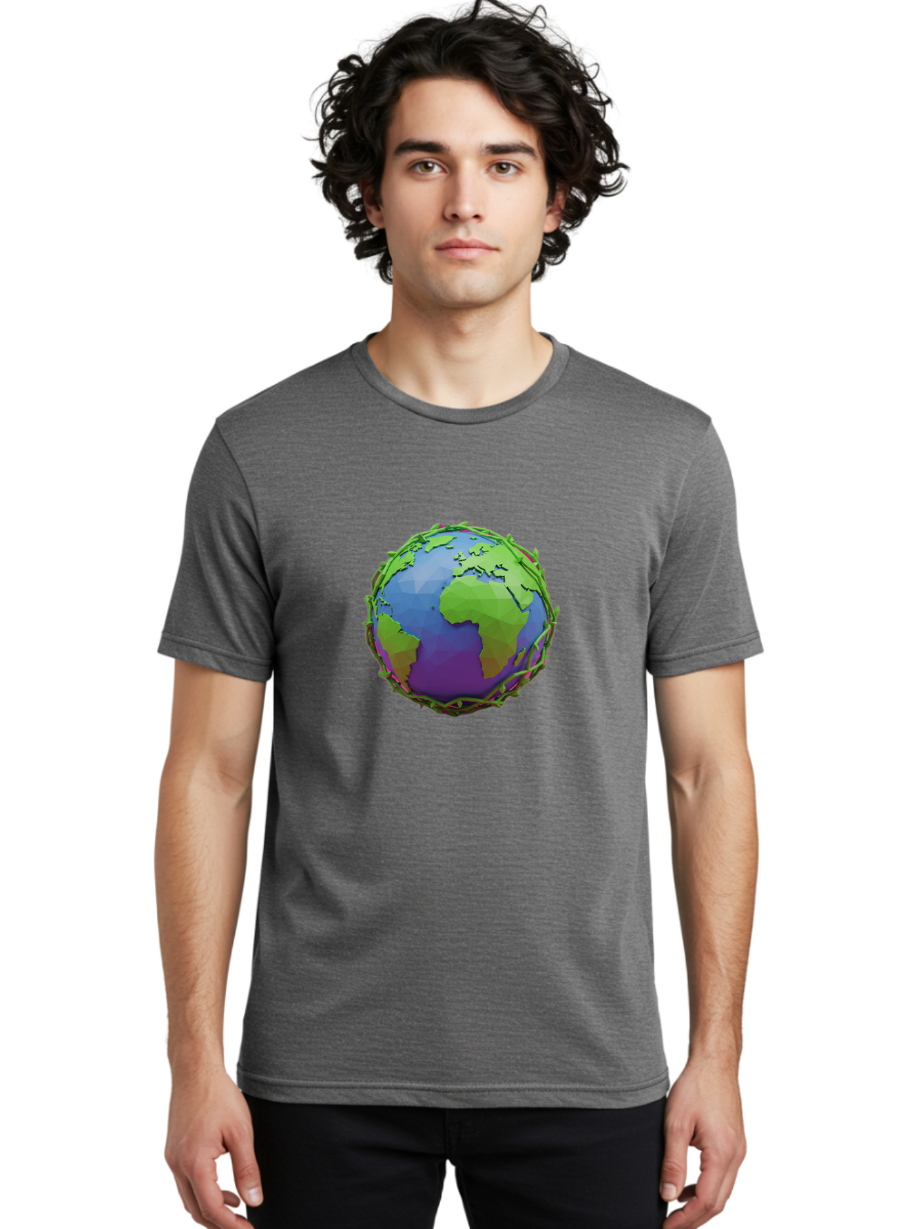 Globe-Wrapped-In-Chains Men'S Graphic Tee, 100% Cotton, Comfortable Casual Summer Wear, Machine Washable, 3D Globe, Chain-Like Vines Wrapping, Global Unity, Earthy Tones, Eco-Friendly Theme, Environmental Awareness, Natural Elements Baa763
