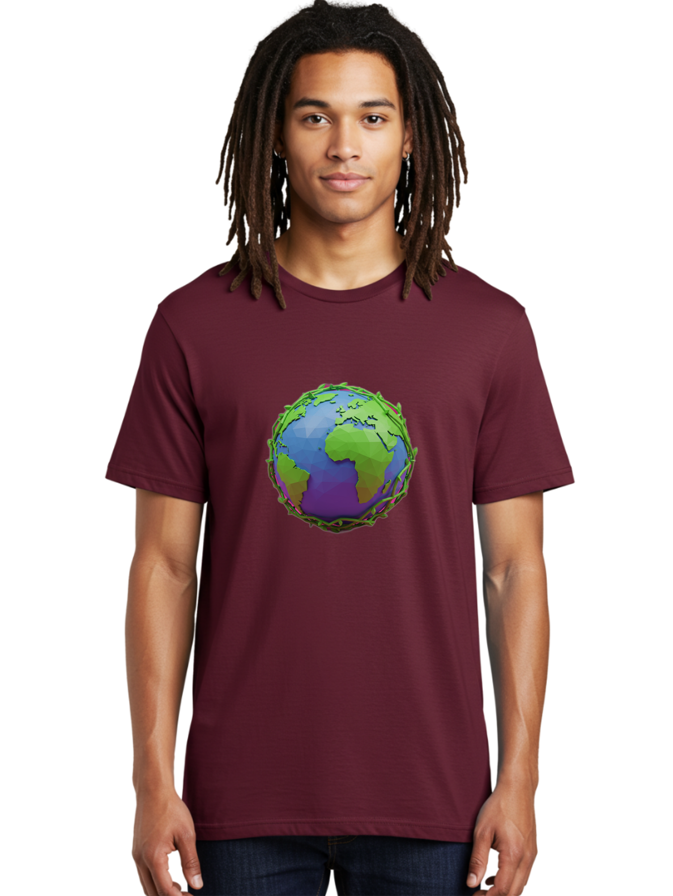 Globe-Wrapped-In-Chains Men'S Graphic Tee, 100% Cotton, Comfortable Casual Summer Wear, Machine Washable, 3D Globe, Chain-Like Vines Wrapping, Global Unity, Earthy Tones, Eco-Friendly Theme, Environmental Awareness, Natural Elements Baa763