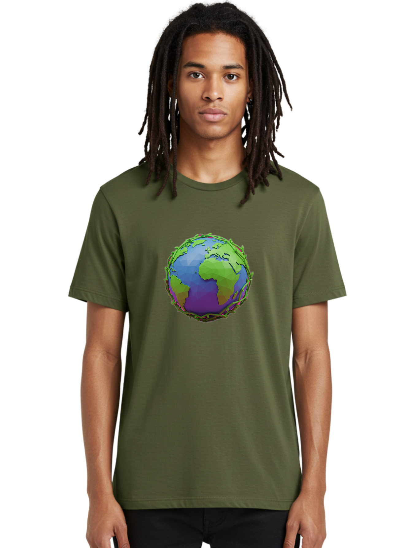 Globe-Wrapped-In-Chains Men'S Graphic Tee, 100% Cotton, Comfortable Casual Summer Wear, Machine Washable, 3D Globe, Chain-Like Vines Wrapping, Global Unity, Earthy Tones, Eco-Friendly Theme, Environmental Awareness, Natural Elements Baa763