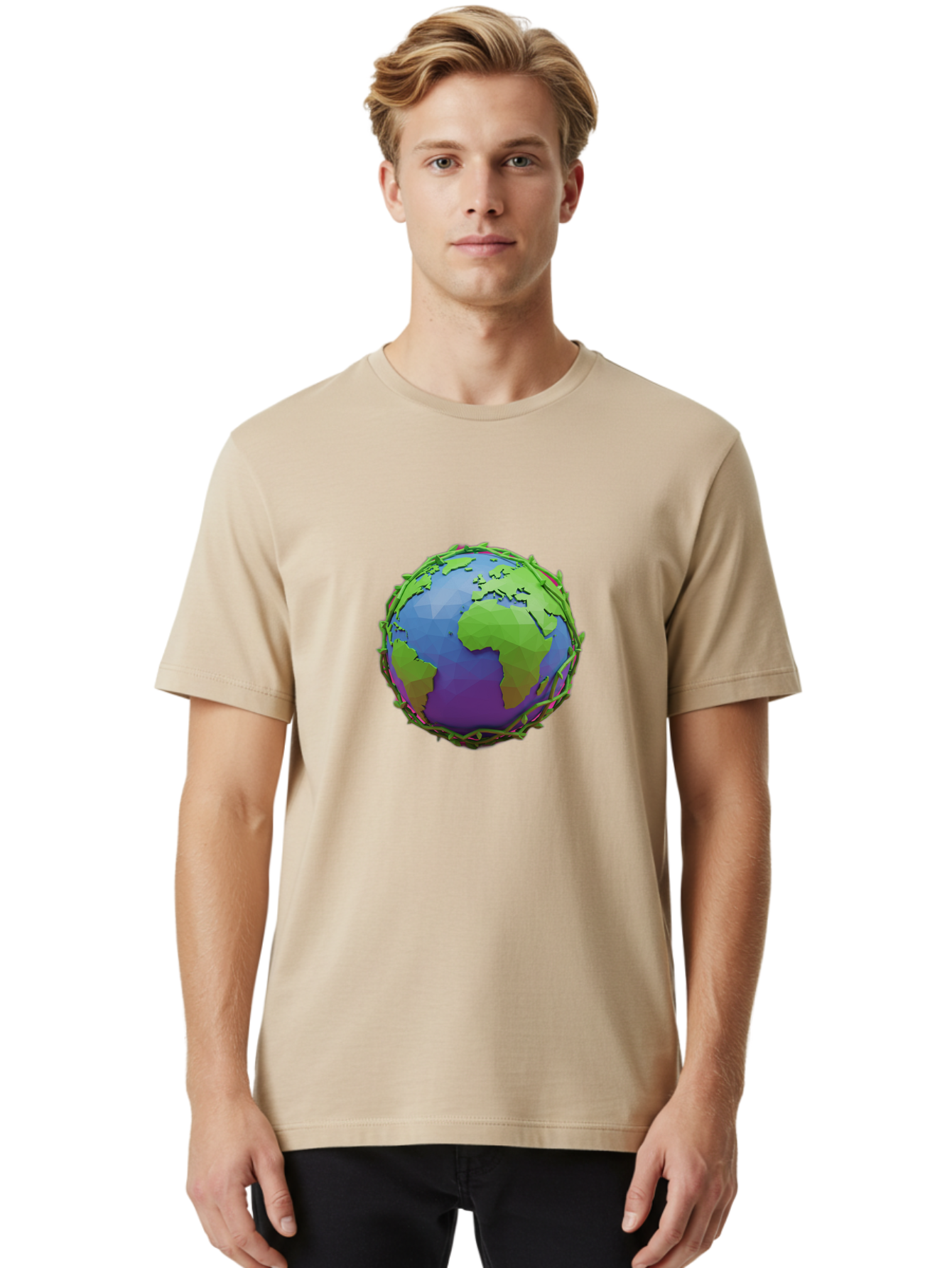 Globe-Wrapped-In-Chains Men'S Graphic Tee, 100% Cotton, Comfortable Casual Summer Wear, Machine Washable, 3D Globe, Chain-Like Vines Wrapping, Global Unity, Earthy Tones, Eco-Friendly Theme, Environmental Awareness, Natural Elements Baa763