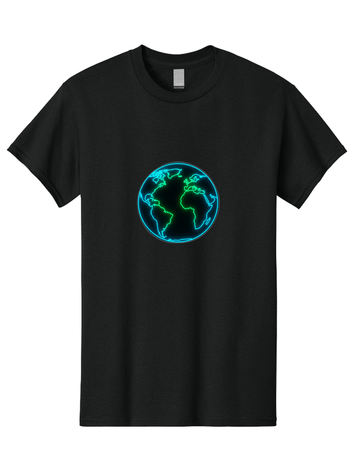 Glowing-Earth Men'S Graphic Tee, 100% Cotton, Comfortable Casual Summer Wear, Machine Washable, Glowing Earth, Neon Map, Global Technology, Digital Planet, Africa And South America Centered, Futuristic Design, Blue And Green Glow Baa765