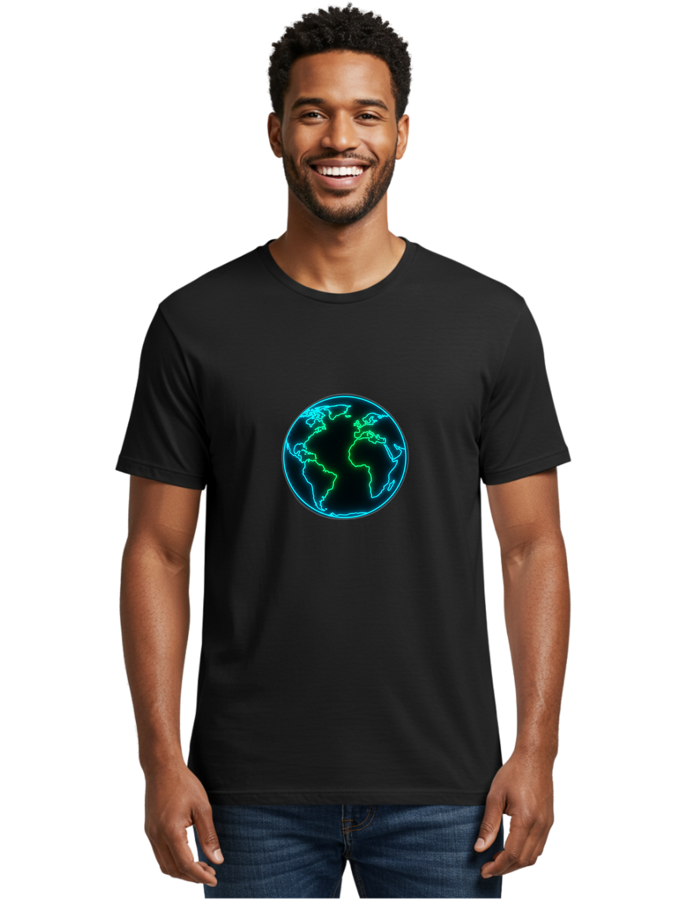 Glowing-Earth Men'S Graphic Tee, 100% Cotton, Comfortable Casual Summer Wear, Machine Washable, Glowing Earth, Neon Map, Global Technology, Digital Planet, Africa And South America Centered, Futuristic Design, Blue And Green Glow Baa765