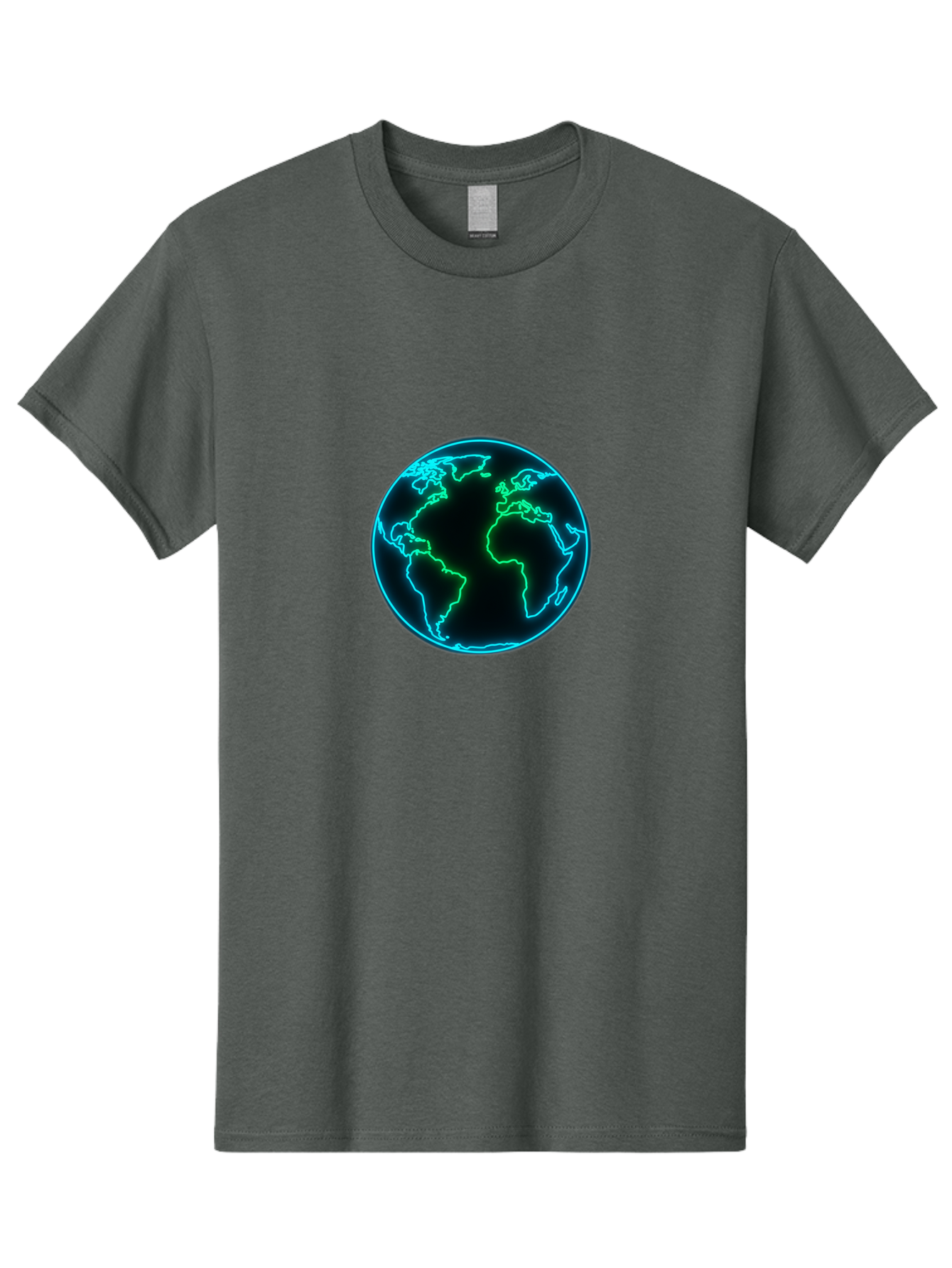 Glowing-Earth Men'S Graphic Tee, 100% Cotton, Comfortable Casual Summer Wear, Machine Washable, Glowing Earth, Neon Map, Global Technology, Digital Planet, Africa And South America Centered, Futuristic Design, Blue And Green Glow Baa765