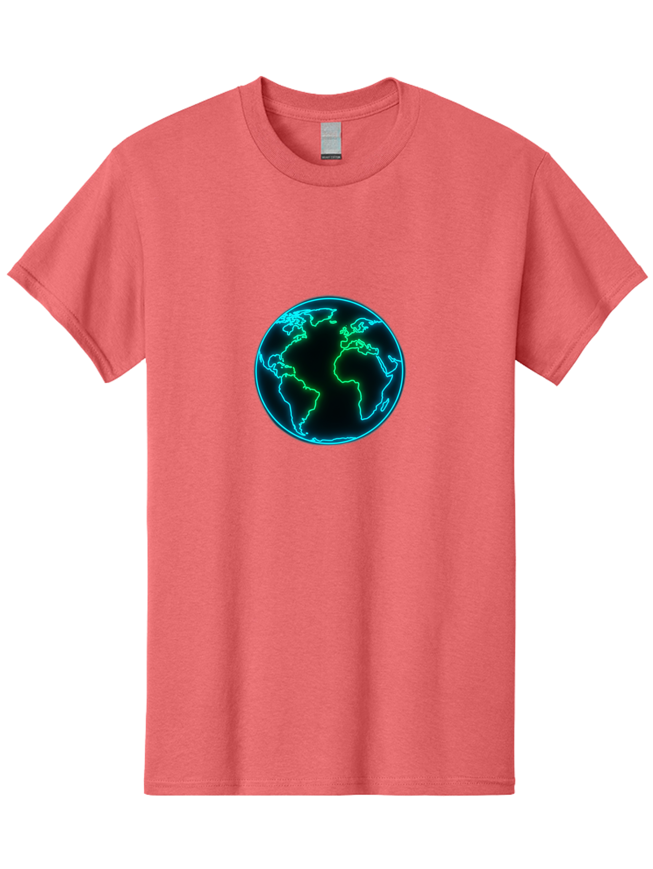 Glowing-Earth Men'S Graphic Tee, 100% Cotton, Comfortable Casual Summer Wear, Machine Washable, Glowing Earth, Neon Map, Global Technology, Digital Planet, Africa And South America Centered, Futuristic Design, Blue And Green Glow Baa765