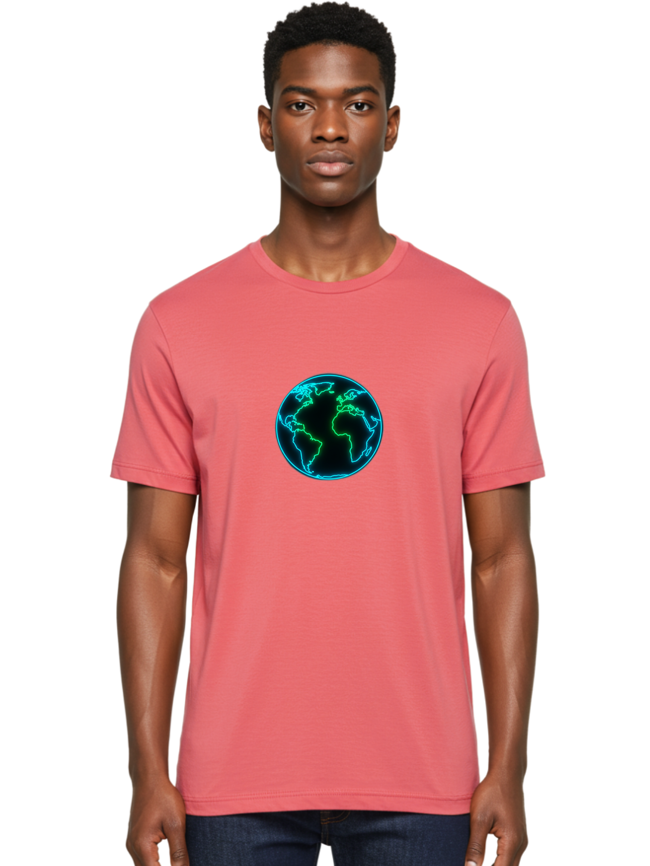 Glowing-Earth Men'S Graphic Tee, 100% Cotton, Comfortable Casual Summer Wear, Machine Washable, Glowing Earth, Neon Map, Global Technology, Digital Planet, Africa And South America Centered, Futuristic Design, Blue And Green Glow Baa765