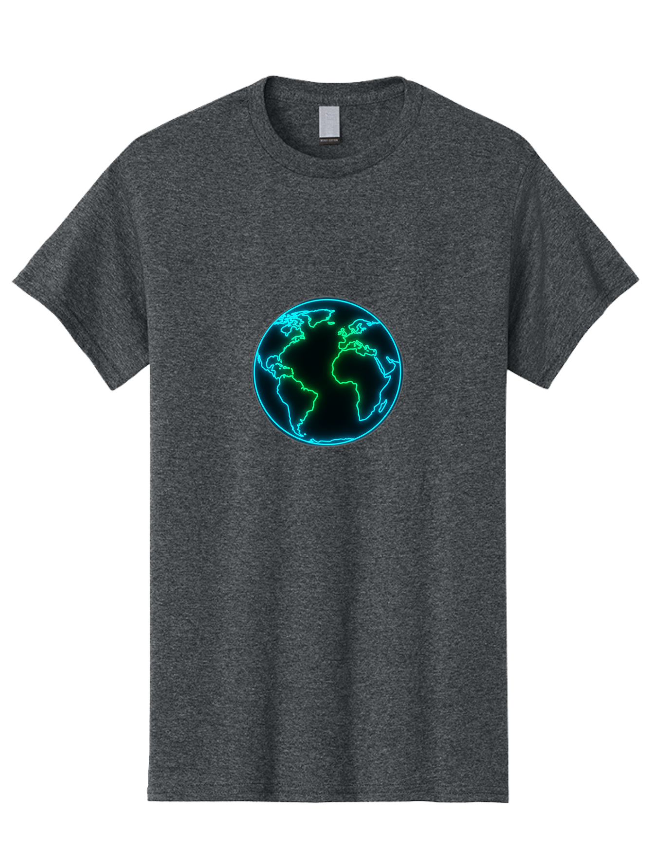 Glowing-Earth Men'S Graphic Tee, 100% Cotton, Comfortable Casual Summer Wear, Machine Washable, Glowing Earth, Neon Map, Global Technology, Digital Planet, Africa And South America Centered, Futuristic Design, Blue And Green Glow Baa765