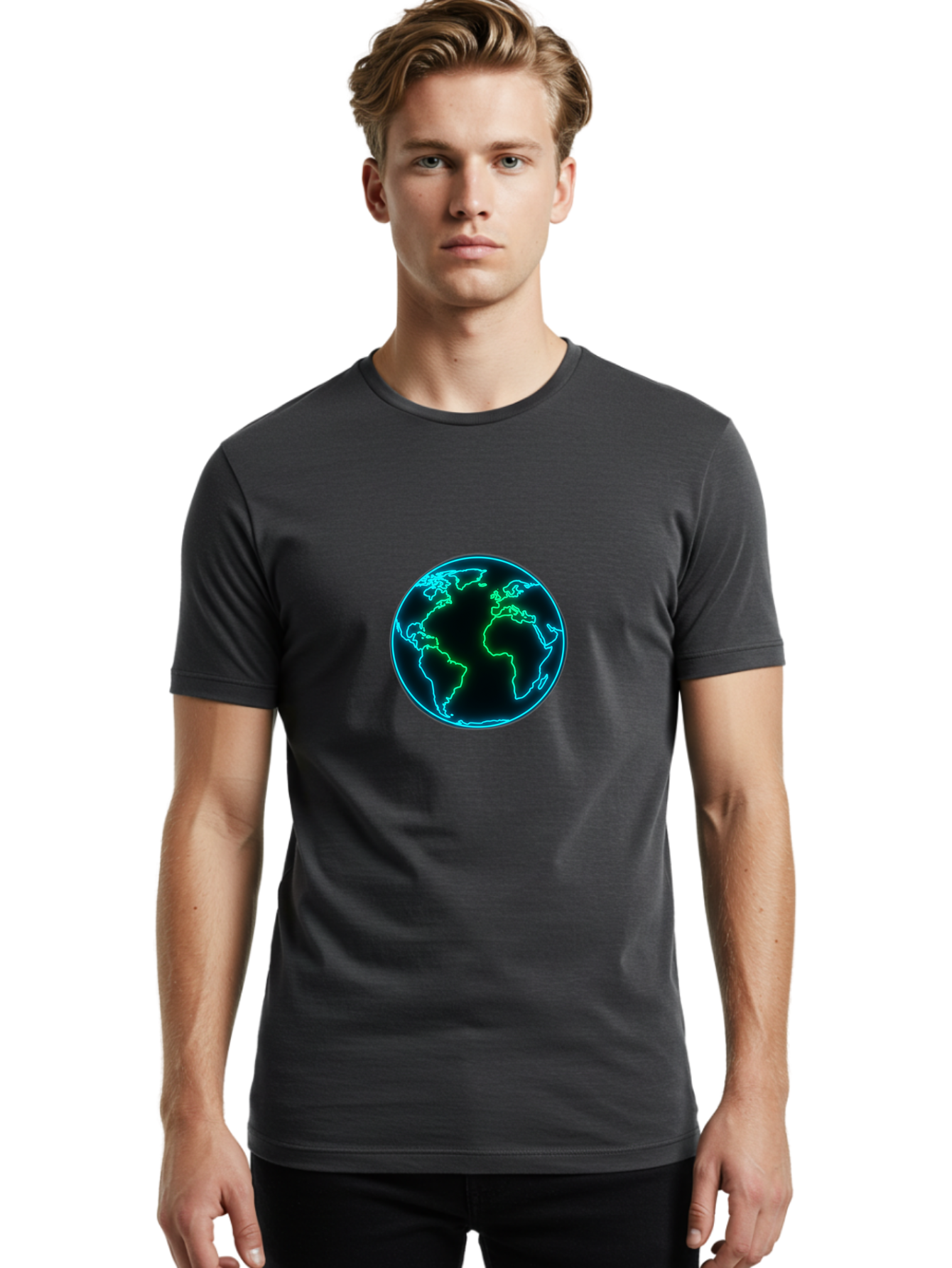 Glowing-Earth Men'S Graphic Tee, 100% Cotton, Comfortable Casual Summer Wear, Machine Washable, Glowing Earth, Neon Map, Global Technology, Digital Planet, Africa And South America Centered, Futuristic Design, Blue And Green Glow Baa765