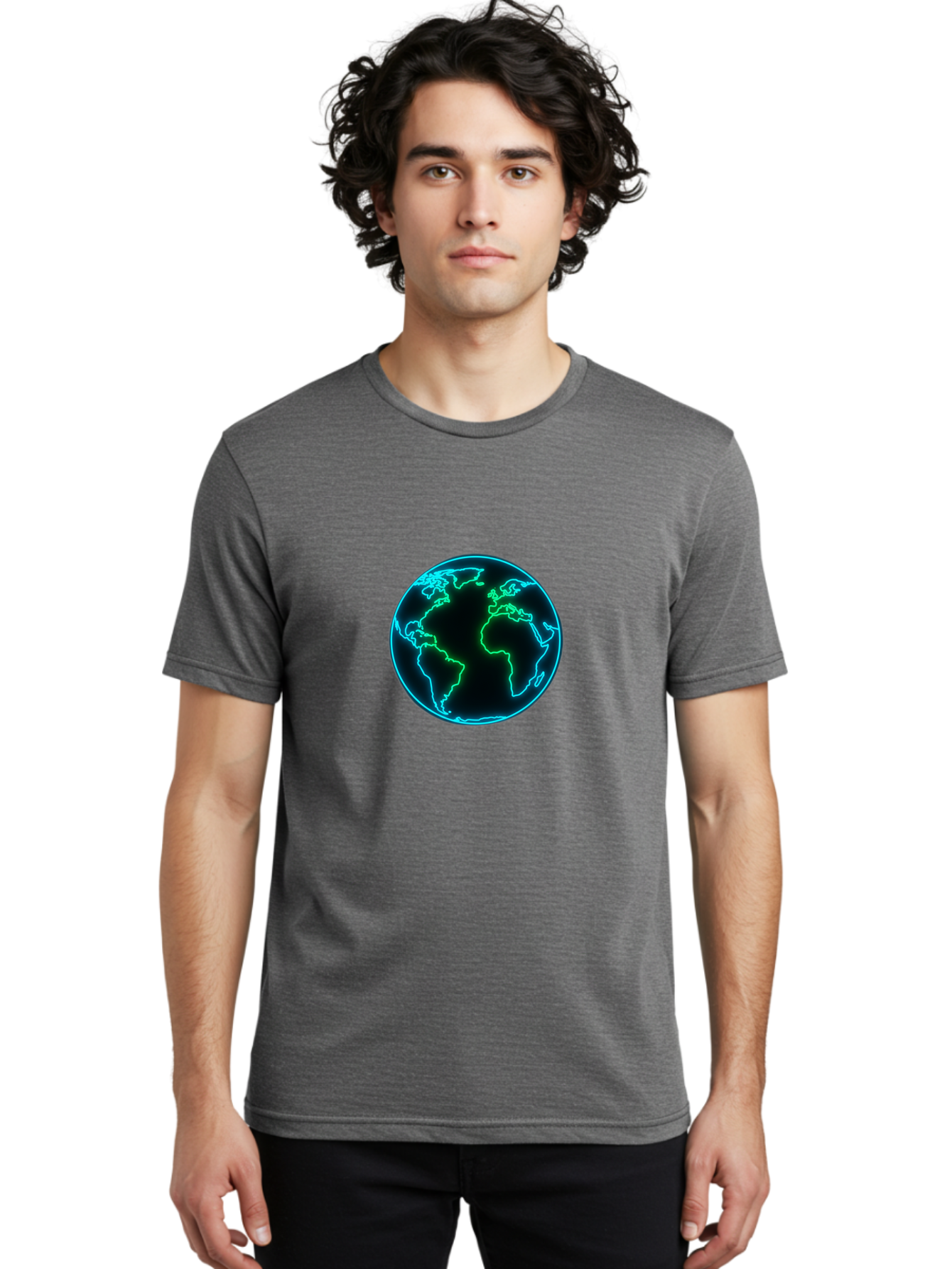 Glowing-Earth Men'S Graphic Tee, 100% Cotton, Comfortable Casual Summer Wear, Machine Washable, Glowing Earth, Neon Map, Global Technology, Digital Planet, Africa And South America Centered, Futuristic Design, Blue And Green Glow Baa765