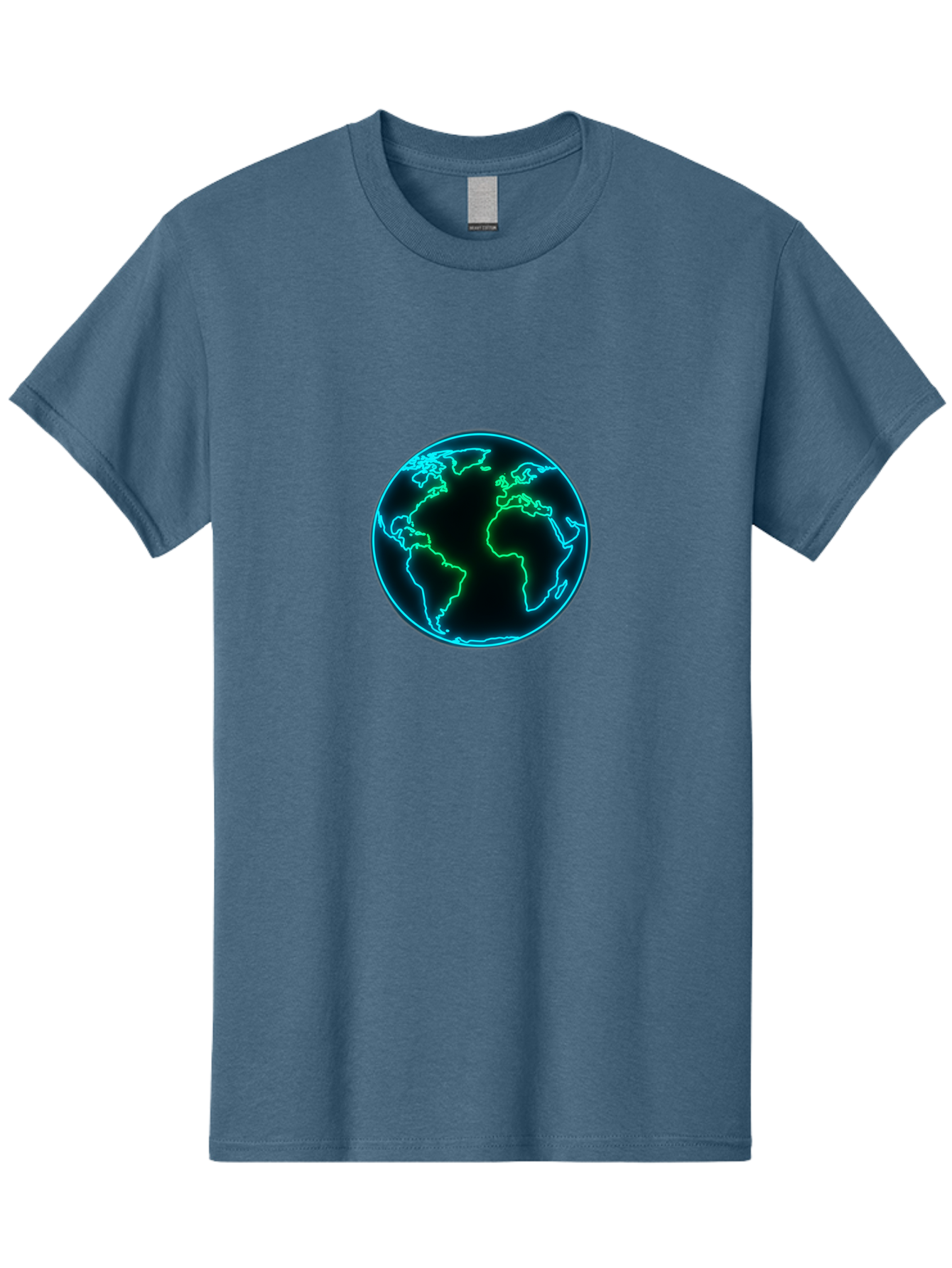Glowing-Earth Men'S Graphic Tee, 100% Cotton, Comfortable Casual Summer Wear, Machine Washable, Glowing Earth, Neon Map, Global Technology, Digital Planet, Africa And South America Centered, Futuristic Design, Blue And Green Glow Baa765