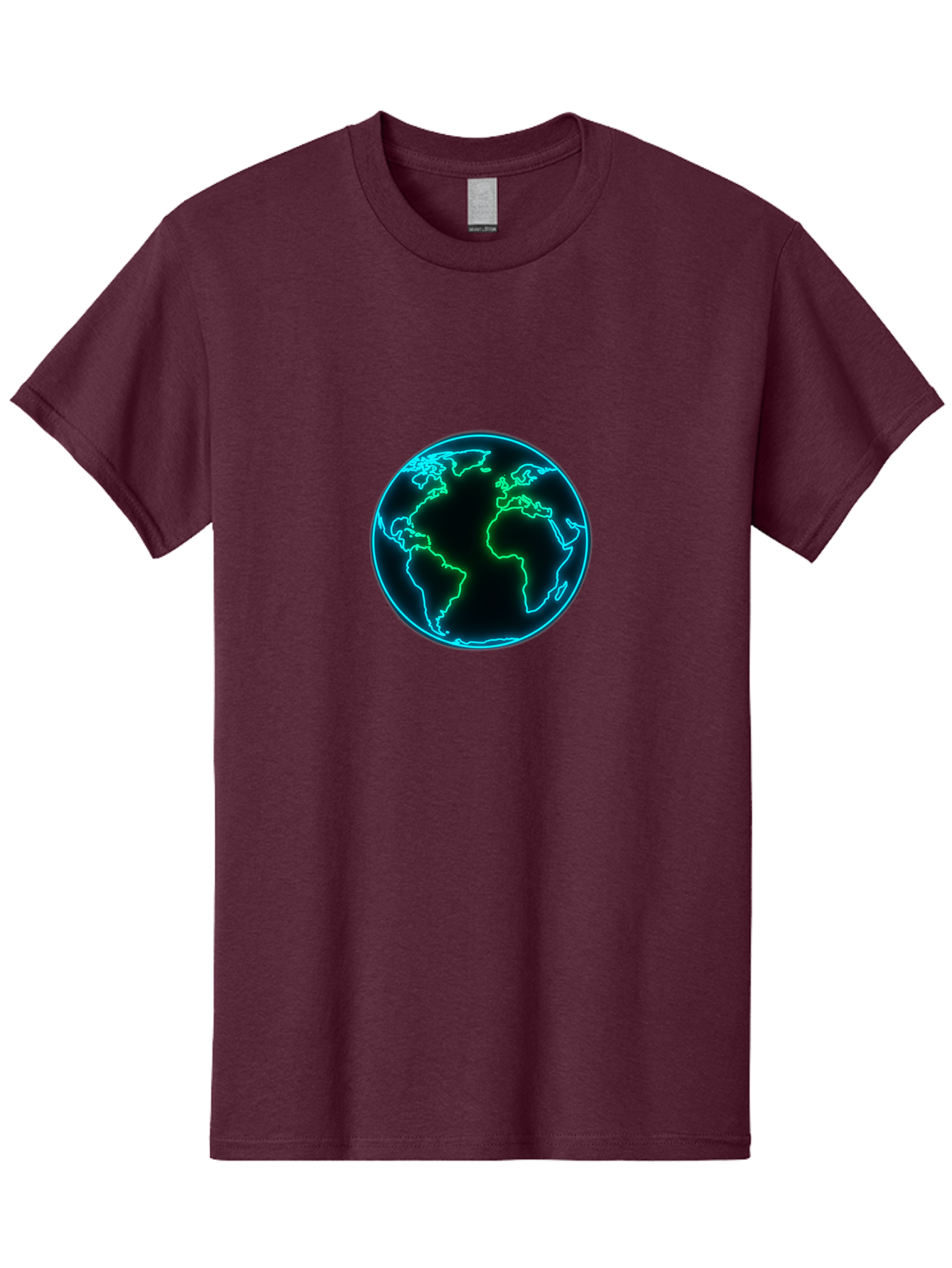 Glowing-Earth Men'S Graphic Tee, 100% Cotton, Comfortable Casual Summer Wear, Machine Washable, Glowing Earth, Neon Map, Global Technology, Digital Planet, Africa And South America Centered, Futuristic Design, Blue And Green Glow Baa765