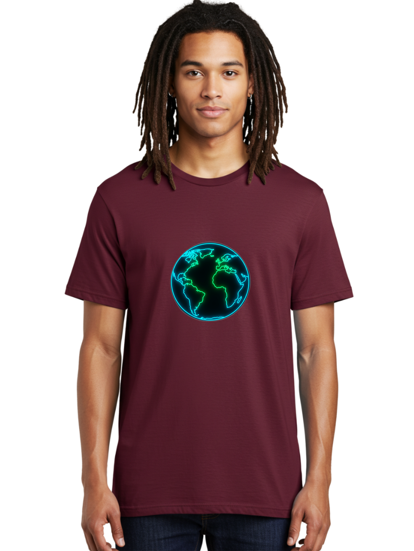 Glowing-Earth Men'S Graphic Tee, 100% Cotton, Comfortable Casual Summer Wear, Machine Washable, Glowing Earth, Neon Map, Global Technology, Digital Planet, Africa And South America Centered, Futuristic Design, Blue And Green Glow Baa765