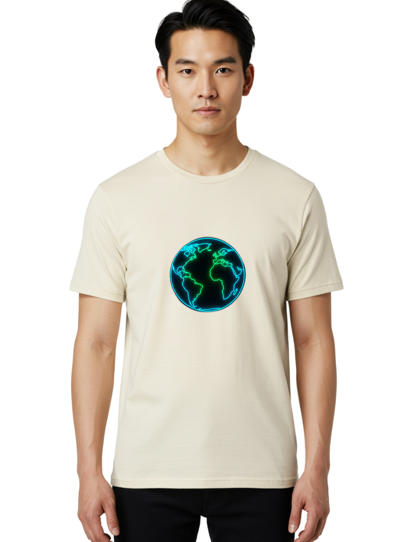 Glowing-Earth Men'S Graphic Tee, 100% Cotton, Comfortable Casual Summer Wear, Machine Washable, Glowing Earth, Neon Map, Global Technology, Digital Planet, Africa And South America Centered, Futuristic Design, Blue And Green Glow Baa765