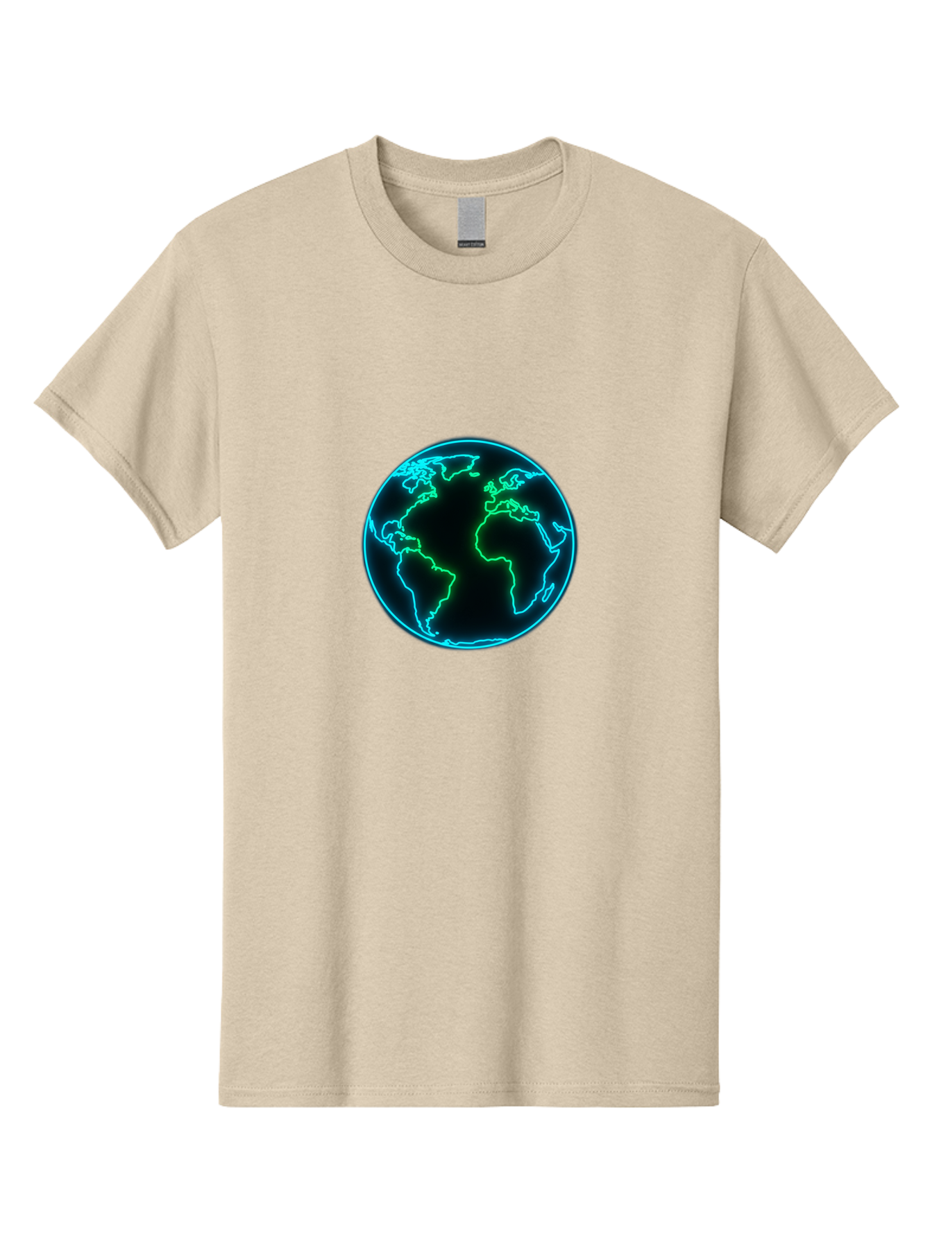 Glowing-Earth Men'S Graphic Tee, 100% Cotton, Comfortable Casual Summer Wear, Machine Washable, Glowing Earth, Neon Map, Global Technology, Digital Planet, Africa And South America Centered, Futuristic Design, Blue And Green Glow Baa765