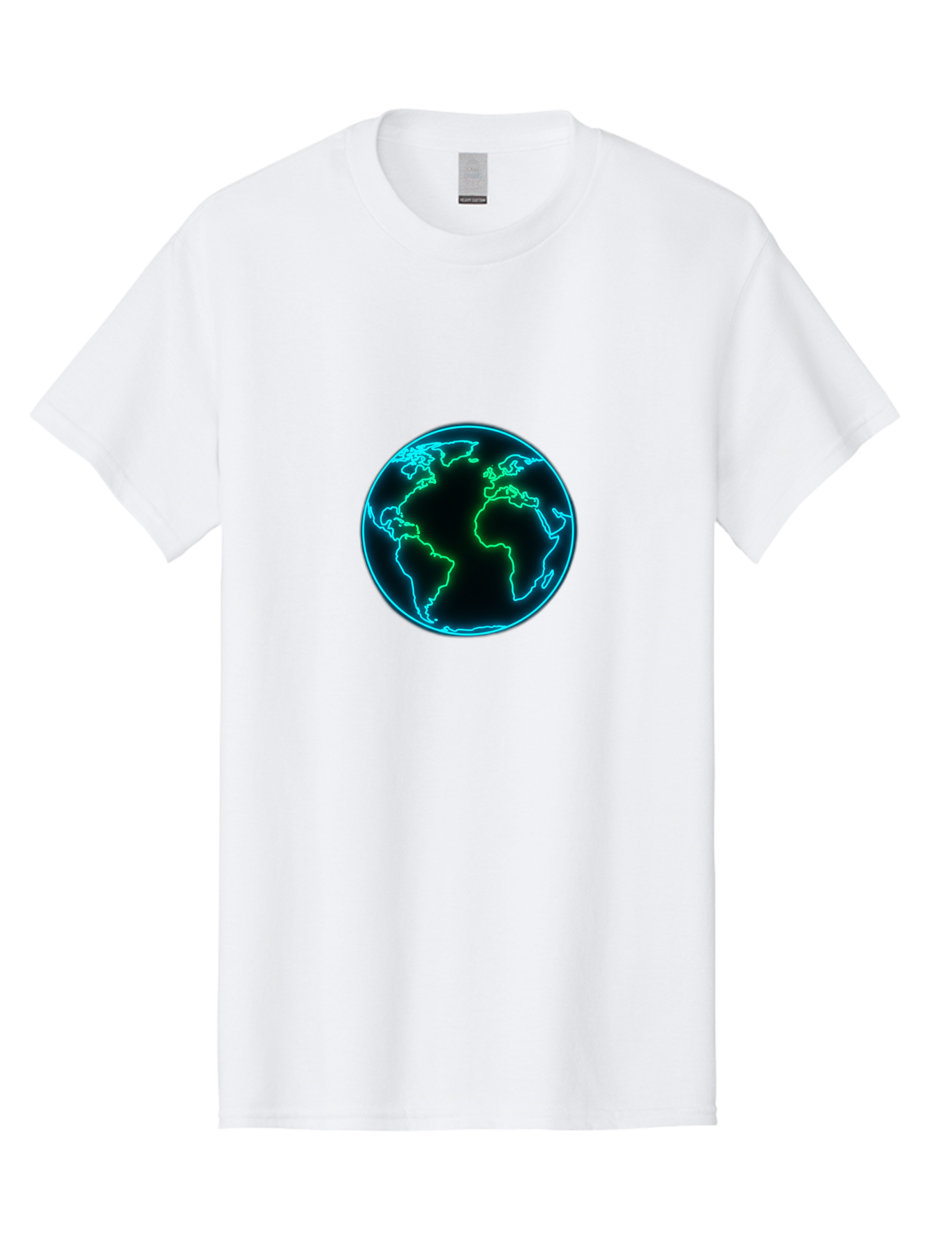 Glowing-Earth Men'S Graphic Tee, 100% Cotton, Comfortable Casual Summer Wear, Machine Washable, Glowing Earth, Neon Map, Global Technology, Digital Planet, Africa And South America Centered, Futuristic Design, Blue And Green Glow Baa765