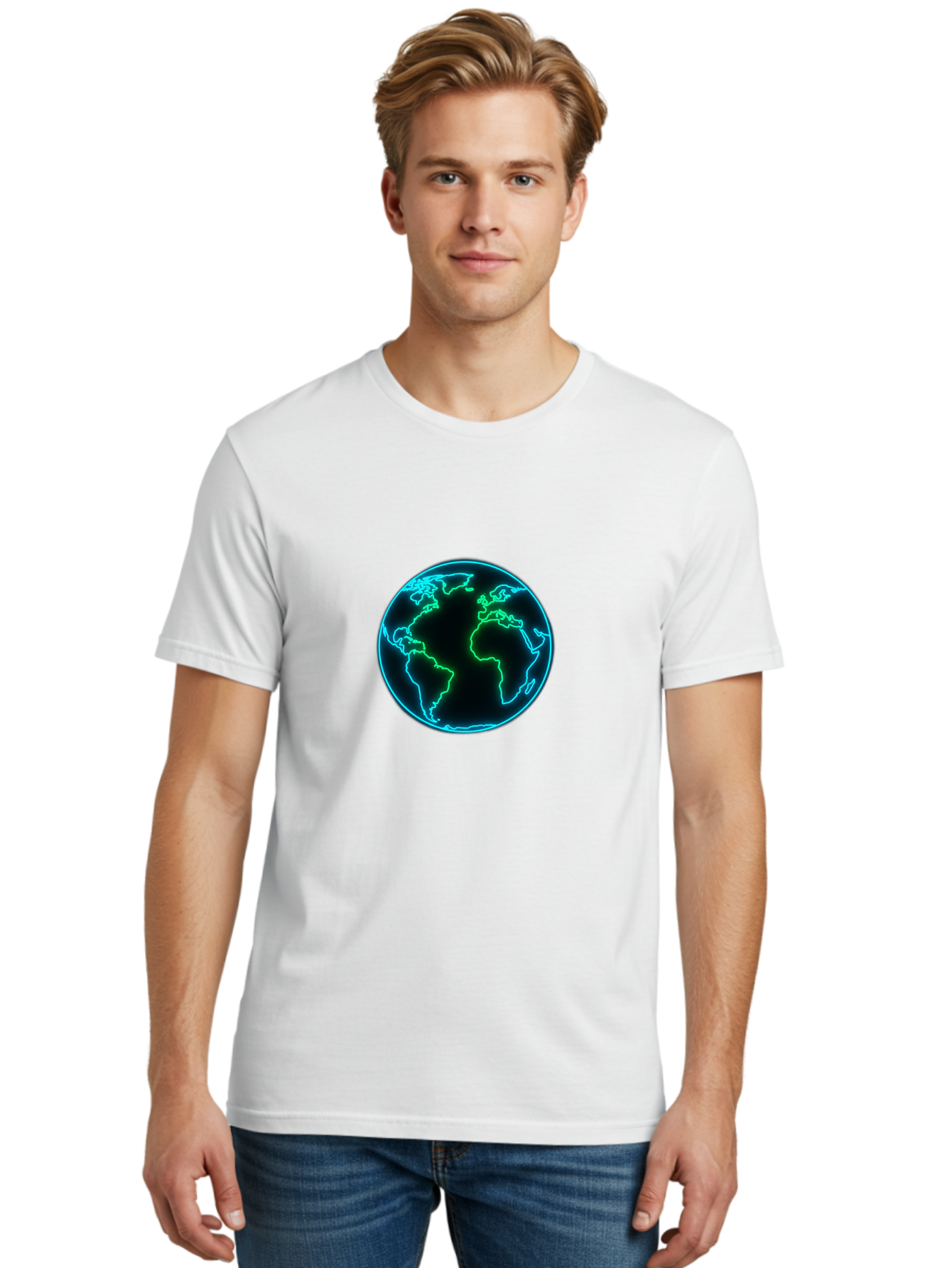 Glowing-Earth Men'S Graphic Tee, 100% Cotton, Comfortable Casual Summer Wear, Machine Washable, Glowing Earth, Neon Map, Global Technology, Digital Planet, Africa And South America Centered, Futuristic Design, Blue And Green Glow Baa765