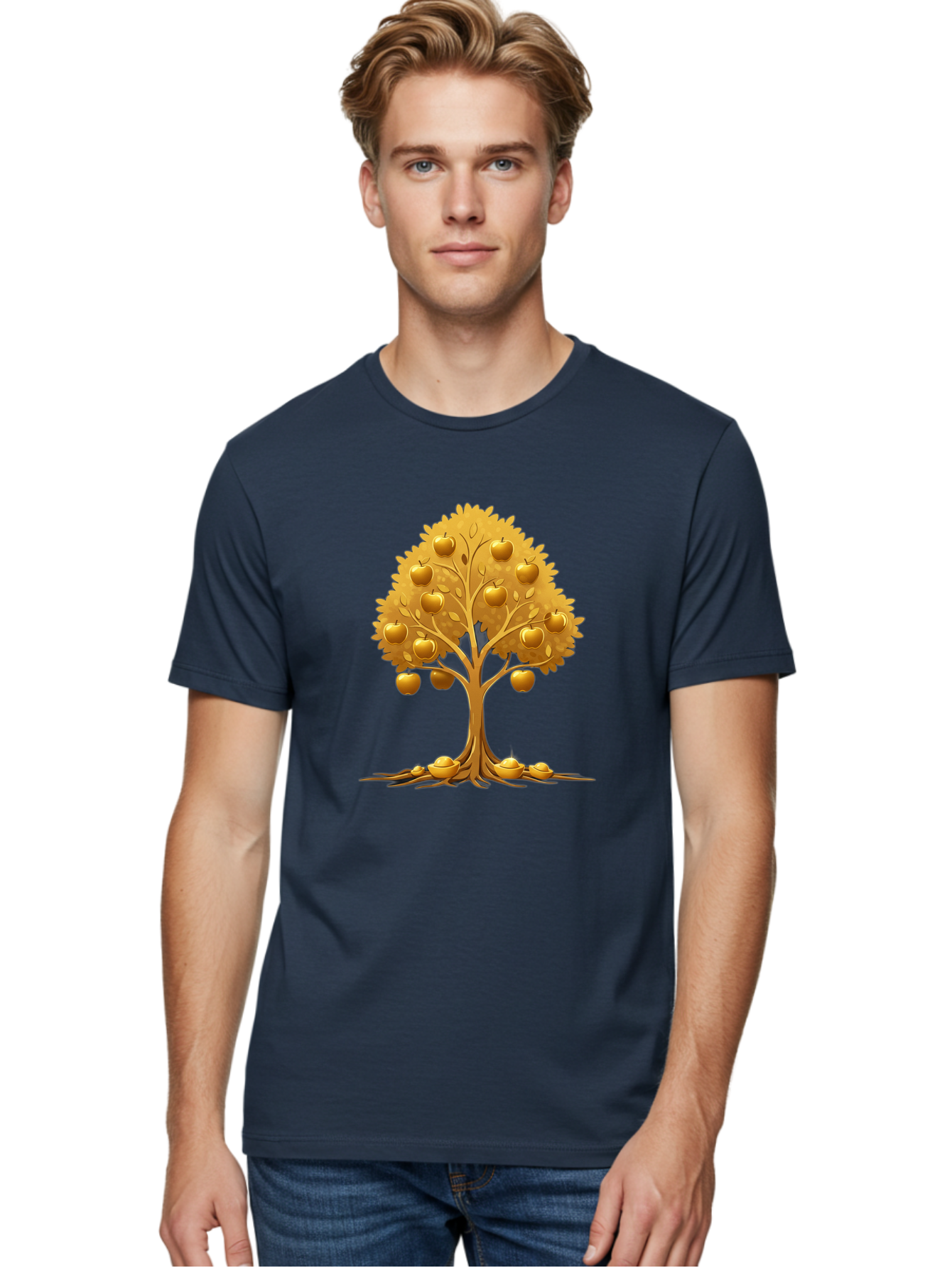 Golden-Apple-Tree Men'S Graphic Tee, 100% Cotton, Comfortable Casual Summer Wear, Machine Washable, Golden Apple Tree, Fruiting Tree, Lush Foliage, Abundant Harvest, Tree Roots, Golden Apples, Autumnal Theme, Symbol Of Prosperity Baa766