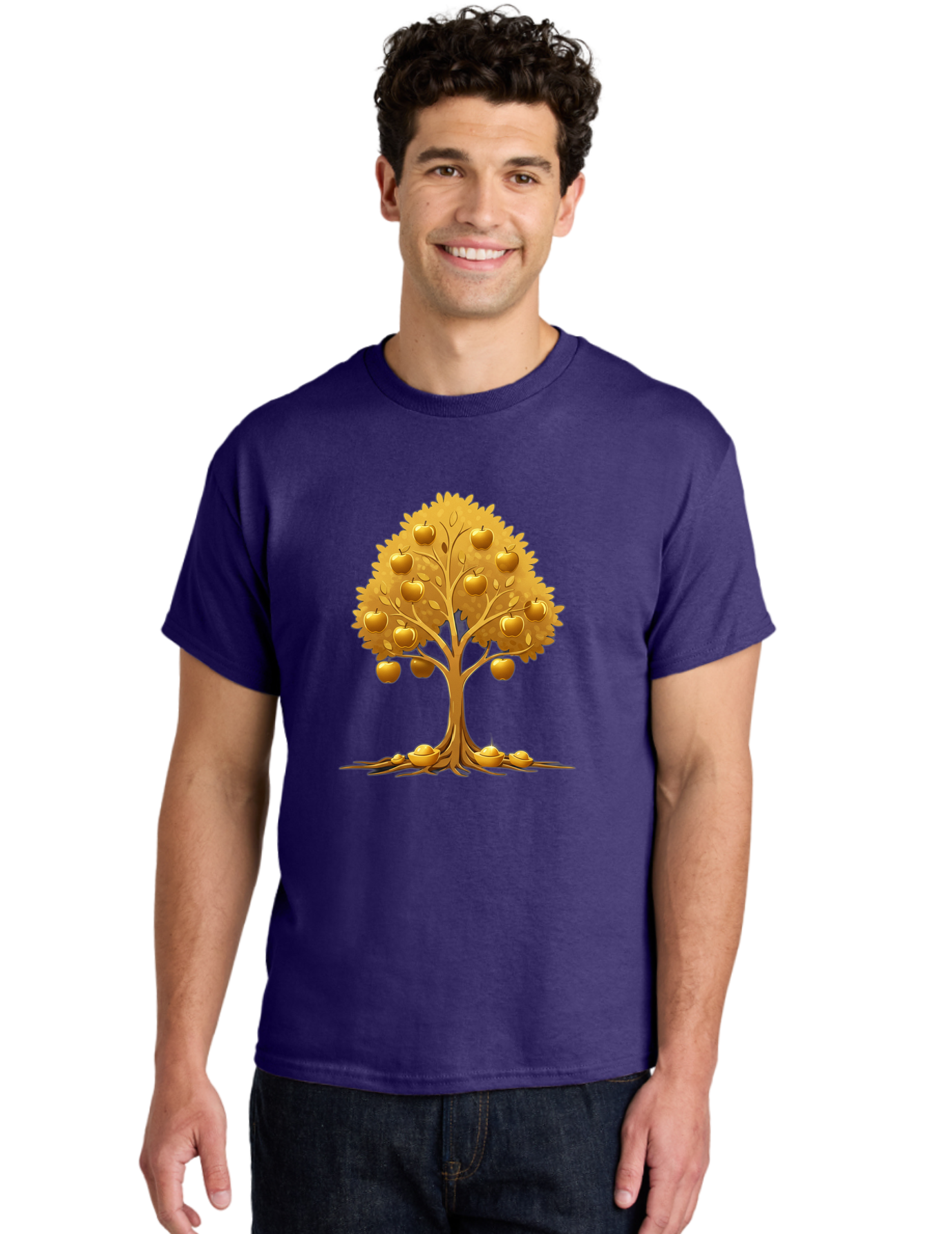 Golden-Apple-Tree Men'S Graphic Tee, 100% Cotton, Comfortable Casual Summer Wear, Machine Washable, Golden Apple Tree, Fruiting Tree, Lush Foliage, Abundant Harvest, Tree Roots, Golden Apples, Autumnal Theme, Symbol Of Prosperity Baa766