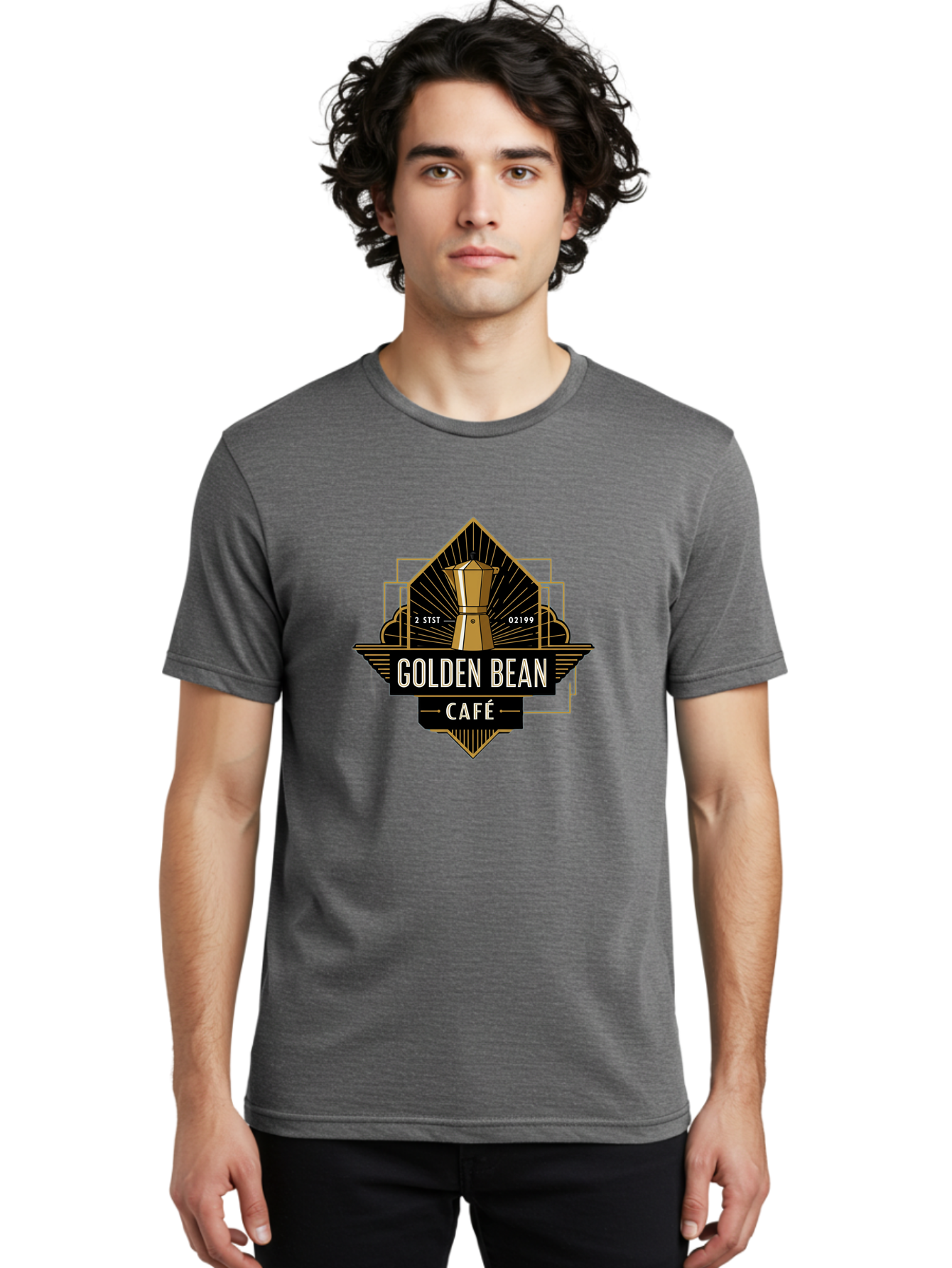 Golden-Bean-Cafe Men'S Graphic Tee, 100% Cotton, Comfortable Casual Summer Wear, Machine Washable, Coffee Shop Logo, Coffee Bean, Cafe Branding, Gold Accents, Art Deco Style, Vintage Flair, Coffee Culture, Cafe Experience, Specialty Coffee Baa767