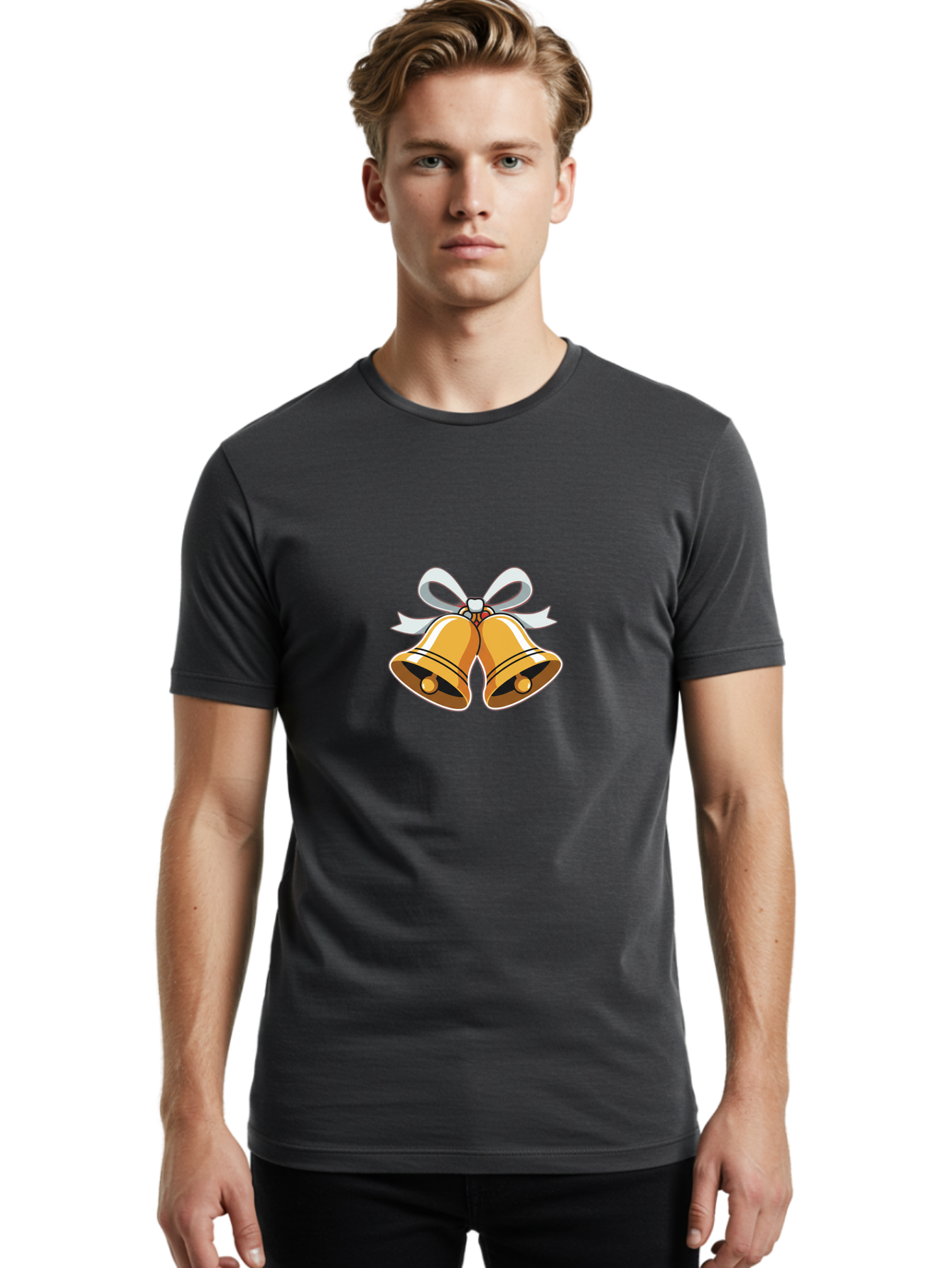 Golden-Bells-1 Men'S Graphic Tee, 100% Cotton, Comfortable Casual Summer Wear, Machine Washable, Golden Christmas Bells, Festive Decoration, Holiday Symbols, Shiny Bells, White Ribbon, Christmas Theme, Festive Atmosphere, Holiday Cheer, Baa768