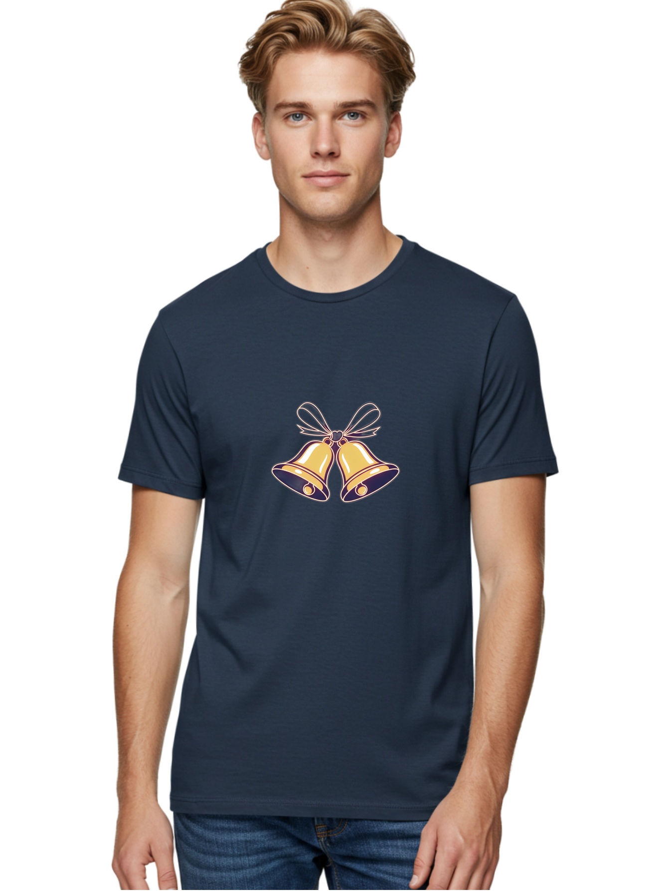 Golden-Bells-3 Men'S Graphic Tee, 100% Cotton, Comfortable Casual Summer Wear, Machine Washable, Christmas Bells, Golden Bells, Festive Decor, Holiday Decorations, Christmas Ornaments, Festive Atmosphere, Winter Wonderland, Seasonal Greetings Baa770