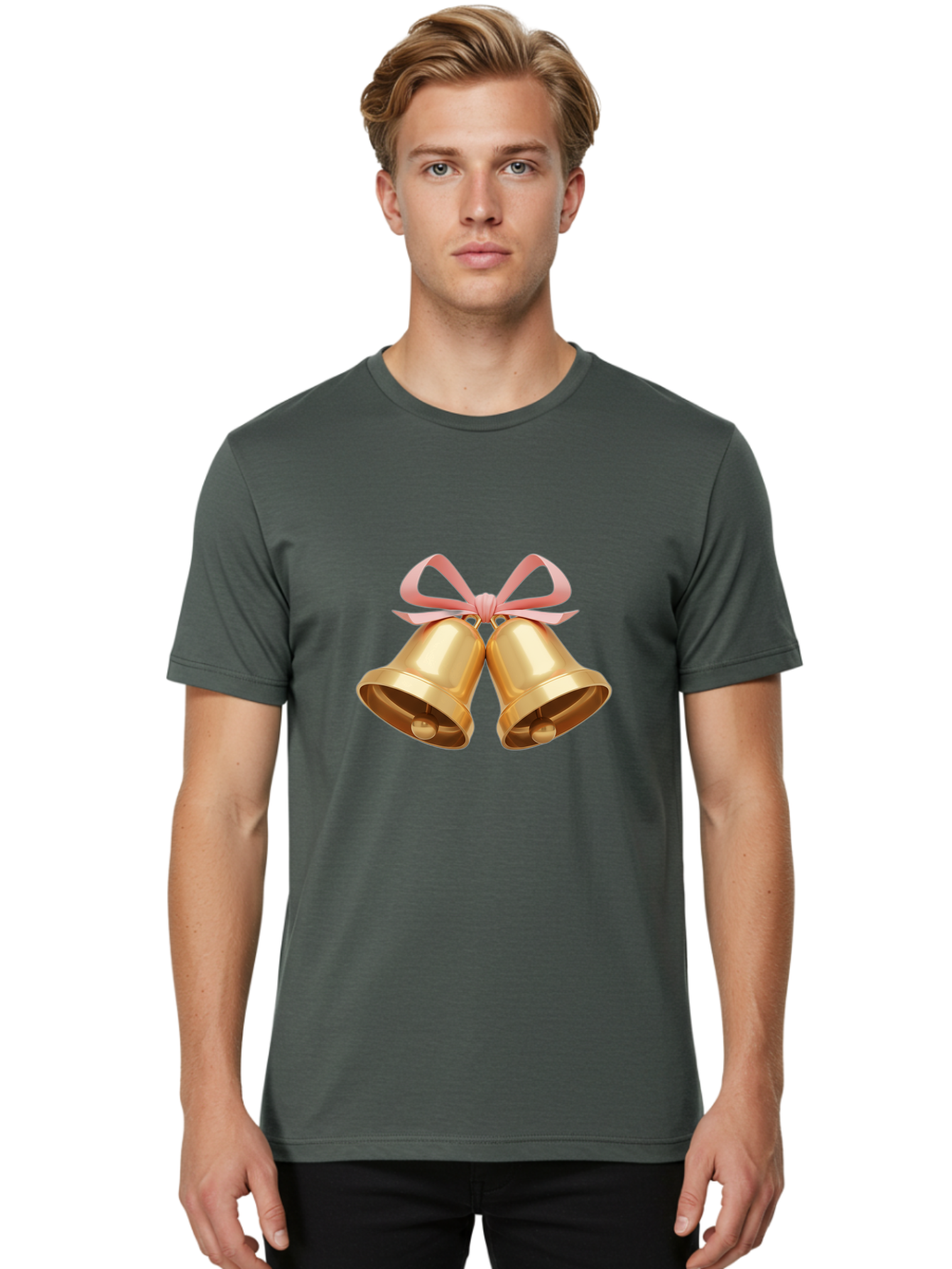 Golden-Bells Men'S Graphic Tee, 100% Cotton, Comfortable Casual Summer Wear, Machine Washable, Golden Bells, Pink Ribbon, Festive Decor, Holiday Decorations, Christmas Ornaments, Shiny Bells, Celebratory Symbols, Elegant Gift Wrapping Baa773
