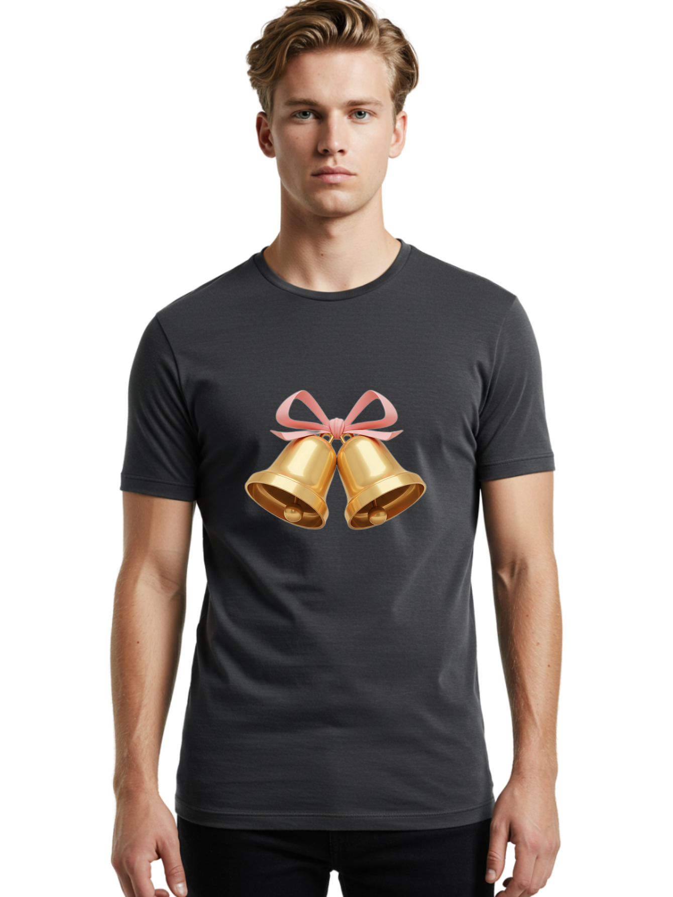 Golden-Bells Men'S Graphic Tee, 100% Cotton, Comfortable Casual Summer Wear, Machine Washable, Golden Bells, Pink Ribbon, Festive Decor, Holiday Decorations, Christmas Ornaments, Shiny Bells, Celebratory Symbols, Elegant Gift Wrapping Baa773