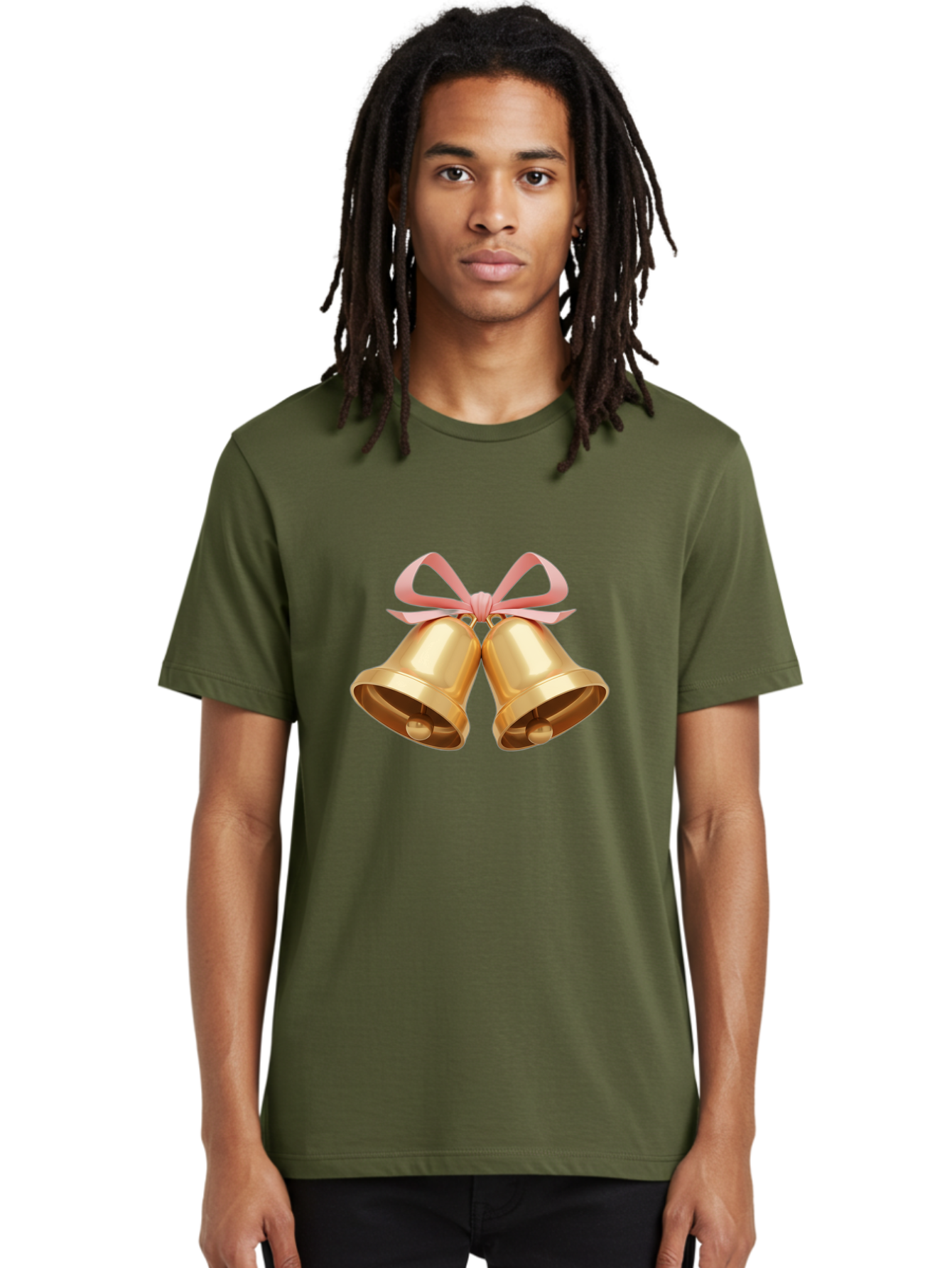 Golden-Bells Men'S Graphic Tee, 100% Cotton, Comfortable Casual Summer Wear, Machine Washable, Golden Bells, Pink Ribbon, Festive Decor, Holiday Decorations, Christmas Ornaments, Shiny Bells, Celebratory Symbols, Elegant Gift Wrapping Baa773