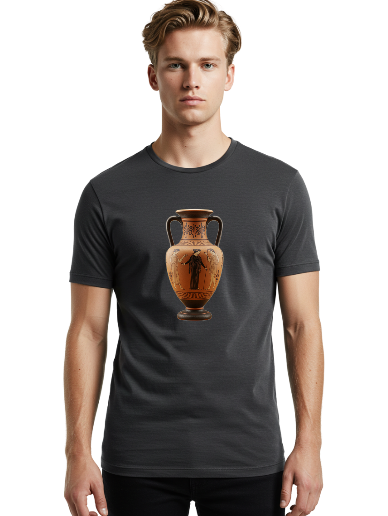 Greek-Vase Men'S Graphic Tee, 100% Cotton, Comfortable Casual Summer Wear, Machine Washable, Ancient Greek Pottery, Red Figure Technique, Classical Art, Mythological Scene, Women In Togas, Elegant Design, Ornate Patterns, Historical Artifact, Baa775