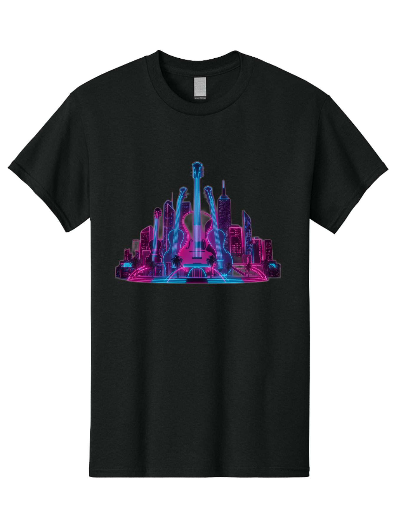 Guitars-Cityscape Men'S Graphic Tee, 100% Cotton, Comfortable Casual Summer Wear, Machine Washable, Guitars, City Skyline, Neon Lights, Futuristic Cityscape, Urban Landscape, Music Scene, Vibrant Colors, Electric Guitars Baa776
