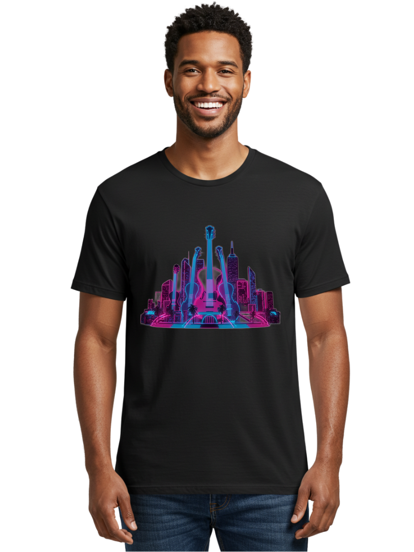 Guitars-Cityscape Men'S Graphic Tee, 100% Cotton, Comfortable Casual Summer Wear, Machine Washable, Guitars, City Skyline, Neon Lights, Futuristic Cityscape, Urban Landscape, Music Scene, Vibrant Colors, Electric Guitars Baa776