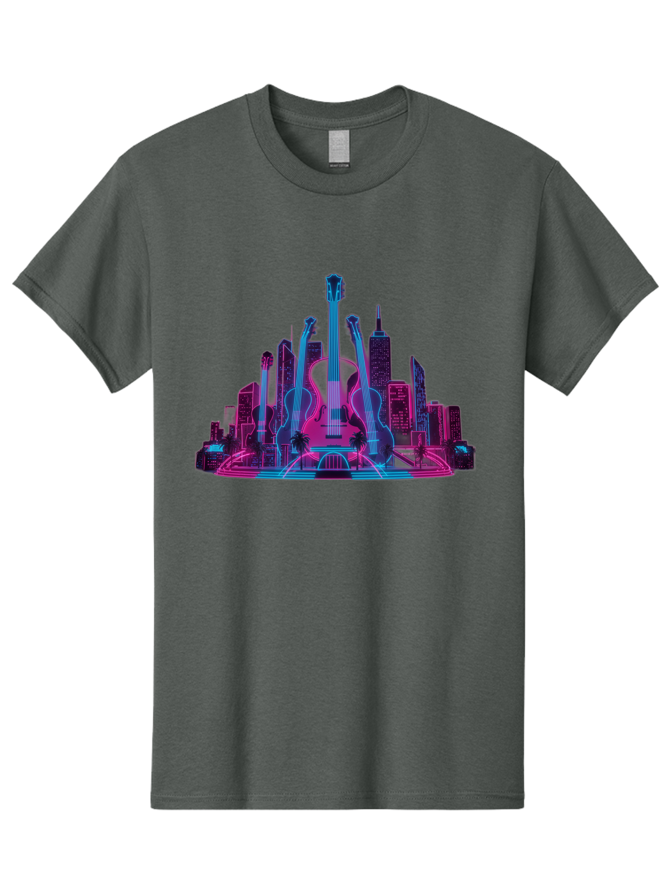Guitars-Cityscape Men'S Graphic Tee, 100% Cotton, Comfortable Casual Summer Wear, Machine Washable, Guitars, City Skyline, Neon Lights, Futuristic Cityscape, Urban Landscape, Music Scene, Vibrant Colors, Electric Guitars Baa776