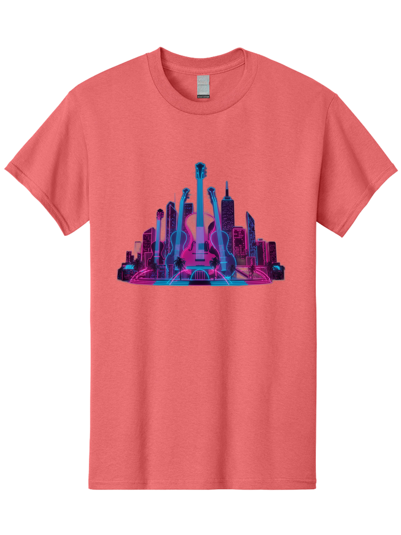 Guitars-Cityscape Men'S Graphic Tee, 100% Cotton, Comfortable Casual Summer Wear, Machine Washable, Guitars, City Skyline, Neon Lights, Futuristic Cityscape, Urban Landscape, Music Scene, Vibrant Colors, Electric Guitars Baa776