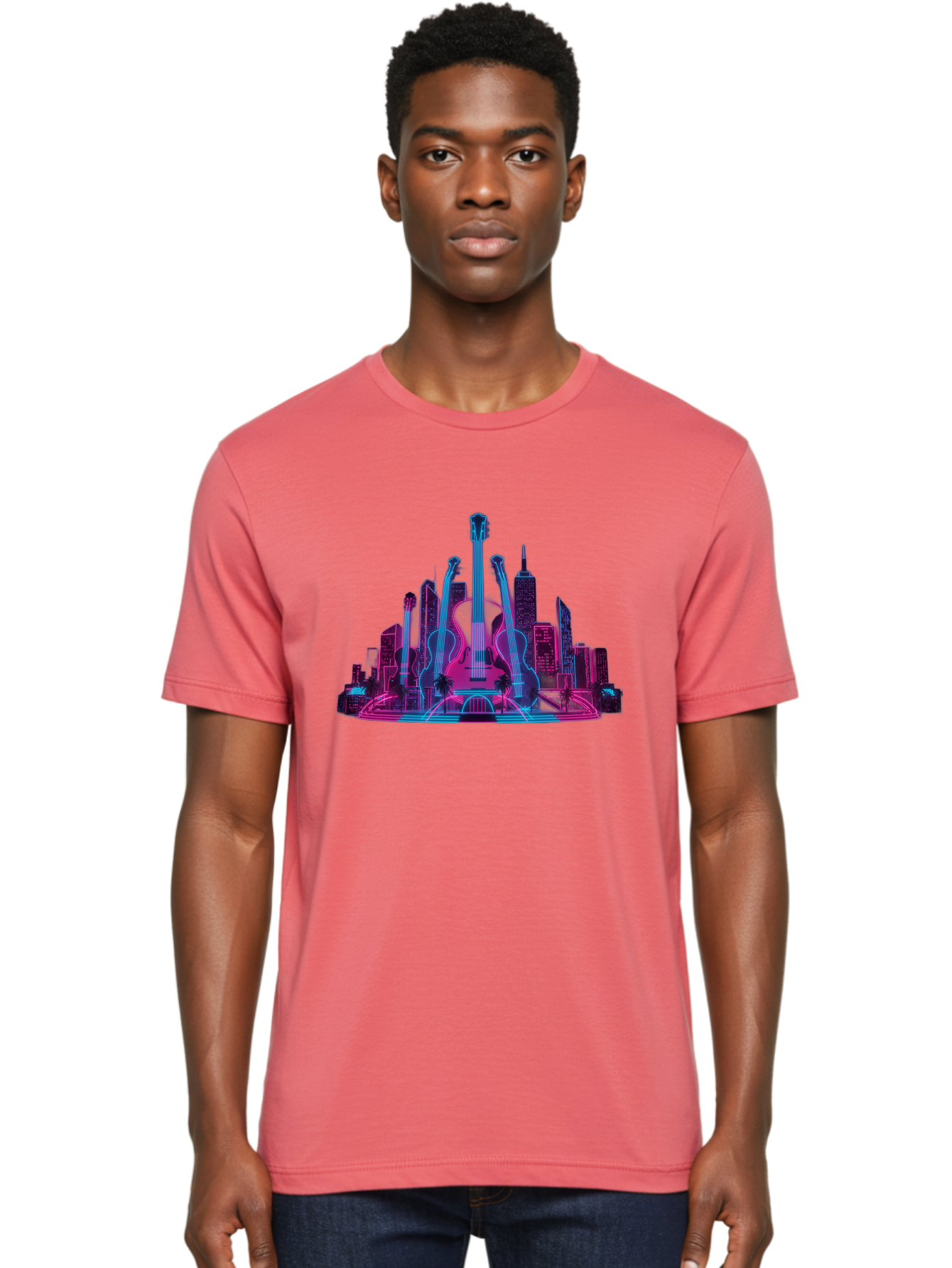 Guitars-Cityscape Men'S Graphic Tee, 100% Cotton, Comfortable Casual Summer Wear, Machine Washable, Guitars, City Skyline, Neon Lights, Futuristic Cityscape, Urban Landscape, Music Scene, Vibrant Colors, Electric Guitars Baa776