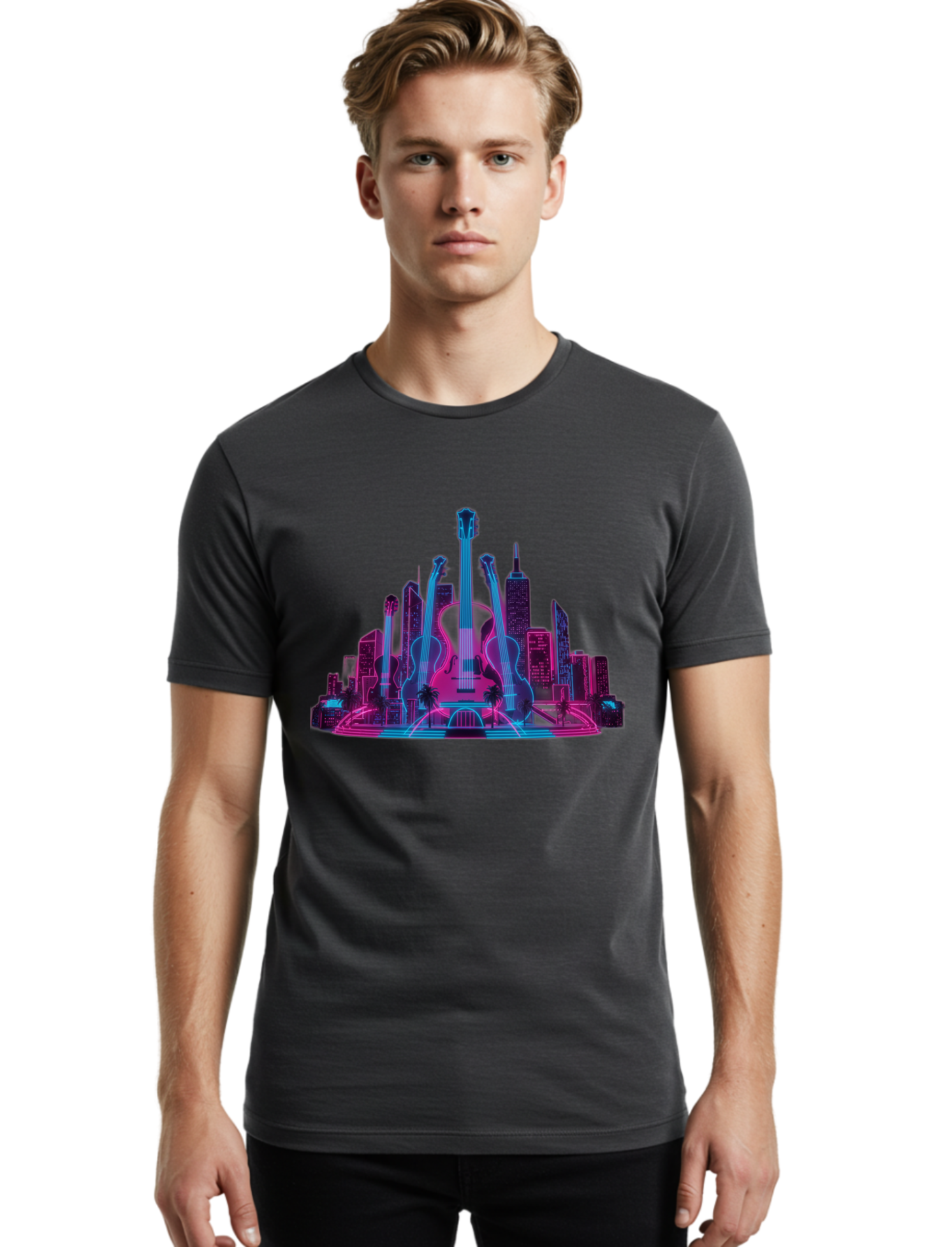 Guitars-Cityscape Men'S Graphic Tee, 100% Cotton, Comfortable Casual Summer Wear, Machine Washable, Guitars, City Skyline, Neon Lights, Futuristic Cityscape, Urban Landscape, Music Scene, Vibrant Colors, Electric Guitars Baa776