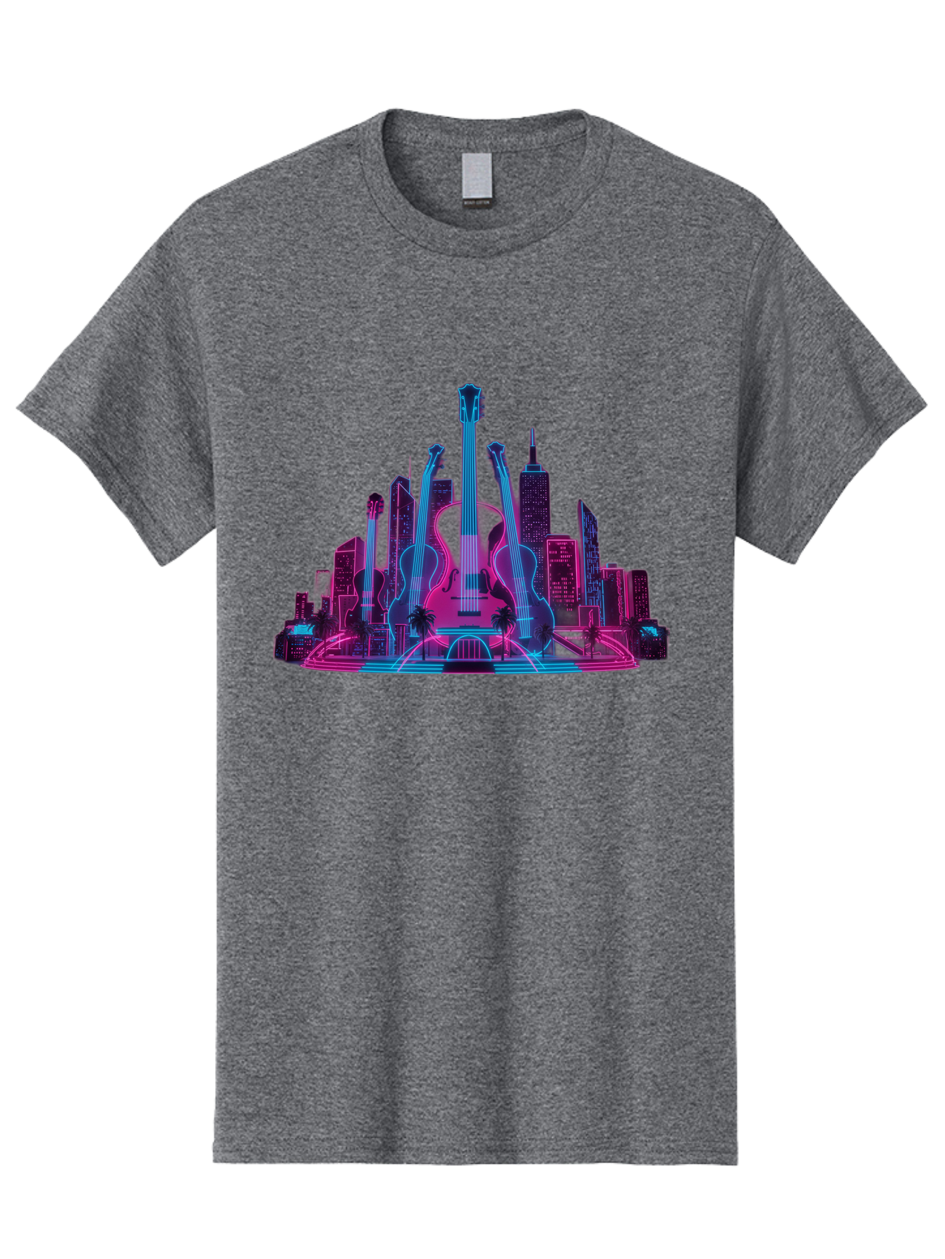 Guitars-Cityscape Men'S Graphic Tee, 100% Cotton, Comfortable Casual Summer Wear, Machine Washable, Guitars, City Skyline, Neon Lights, Futuristic Cityscape, Urban Landscape, Music Scene, Vibrant Colors, Electric Guitars Baa776
